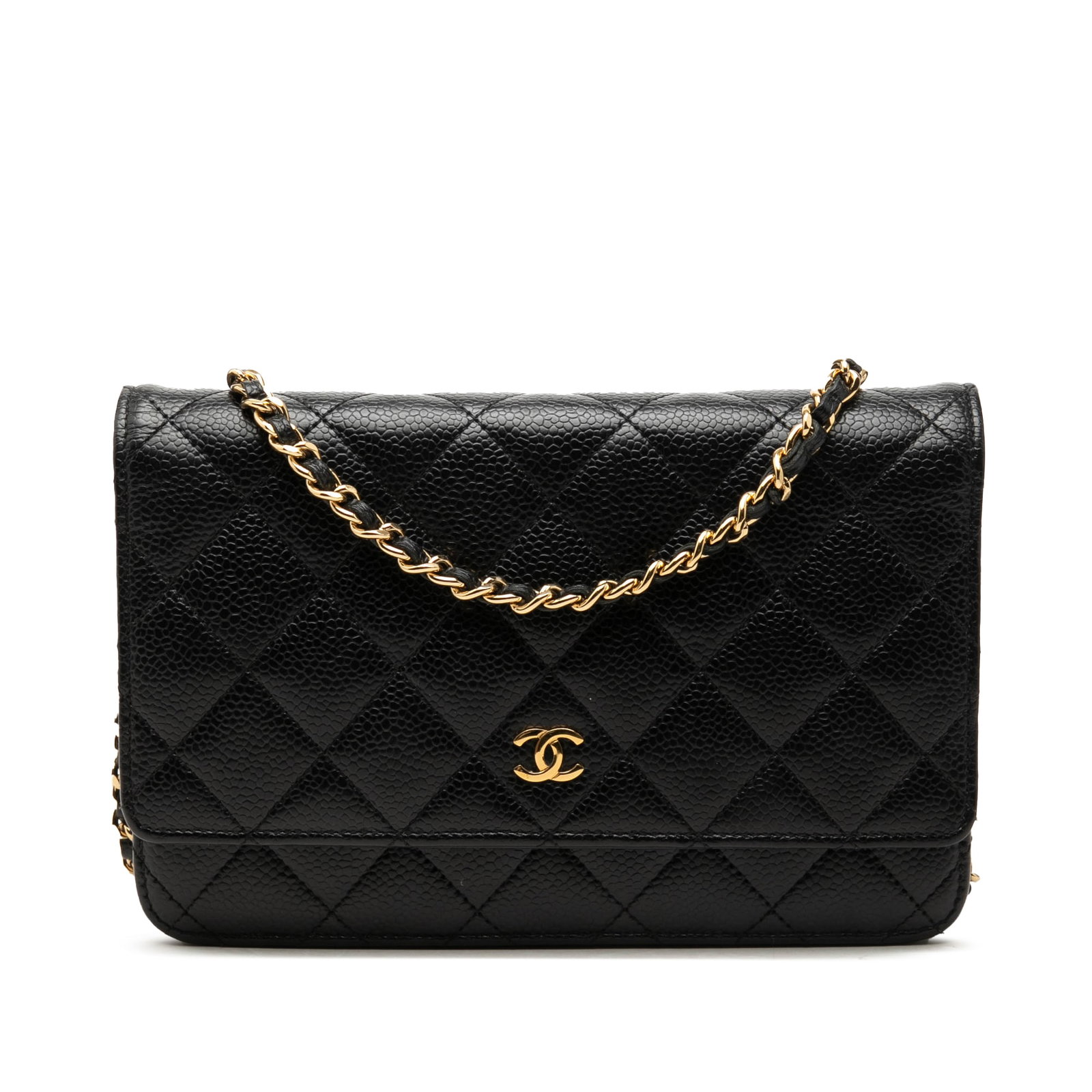 Chanel CC Caviar Leather Wallet on Chain Quilted Black: Chanel CC Caviar Leather Wallet on Chain Quilted Black A Chanel wallet on chain crafted in black quilted caviar leather with a leather-woven chain strap and front flap with magnetic snap closure. The 