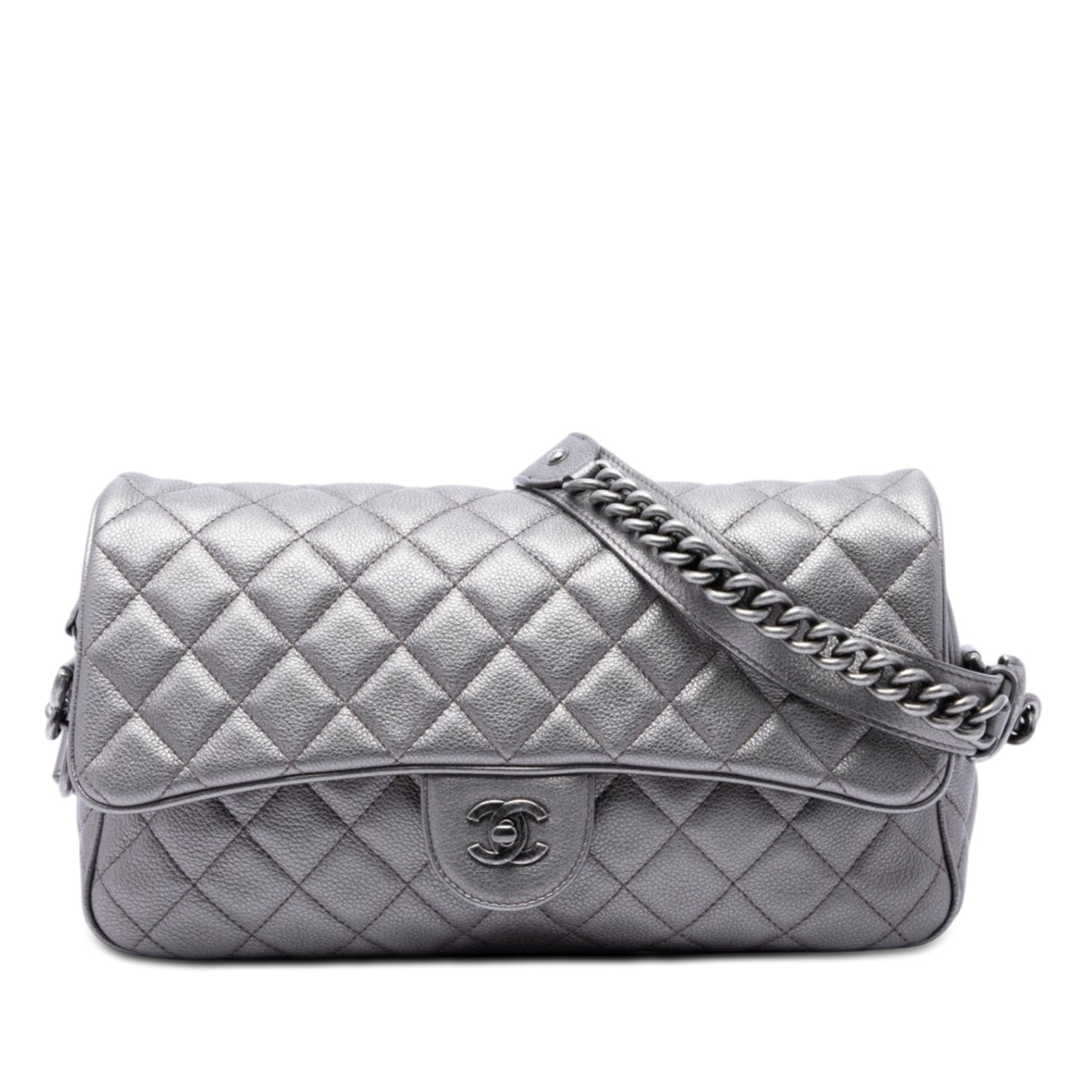 Chanel Casual Rock Flap Medium Metallic Grained Calfskin Shoulder Bag: Chanel Casual Rock Flap Medium Metallic Grained Calfskin Shoulder Bag A Chanel Medium Quilted Metallic Grained Calfskin Casual Rock Flap shoulder bag in silver. It features a quilted leather body, a l