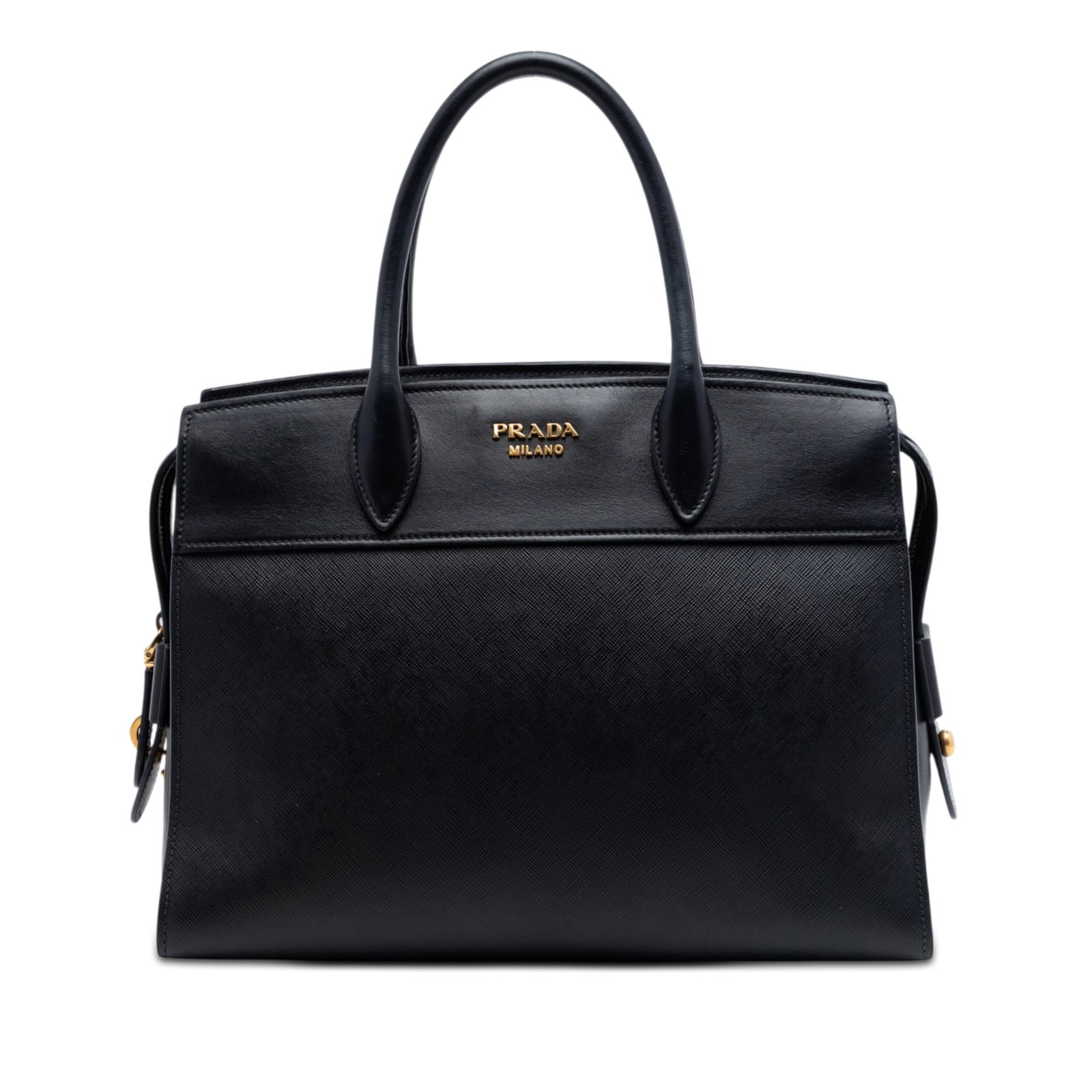 Prada Esplanade Satchel in Black Saffiano and City Calf Leather: Prada Esplanade Satchel in Black Saffiano and City Calf Leather This Prada Esplanade satchel is crafted in saffiano and city calf leather with a structured silhouette. It features rolled leather handl