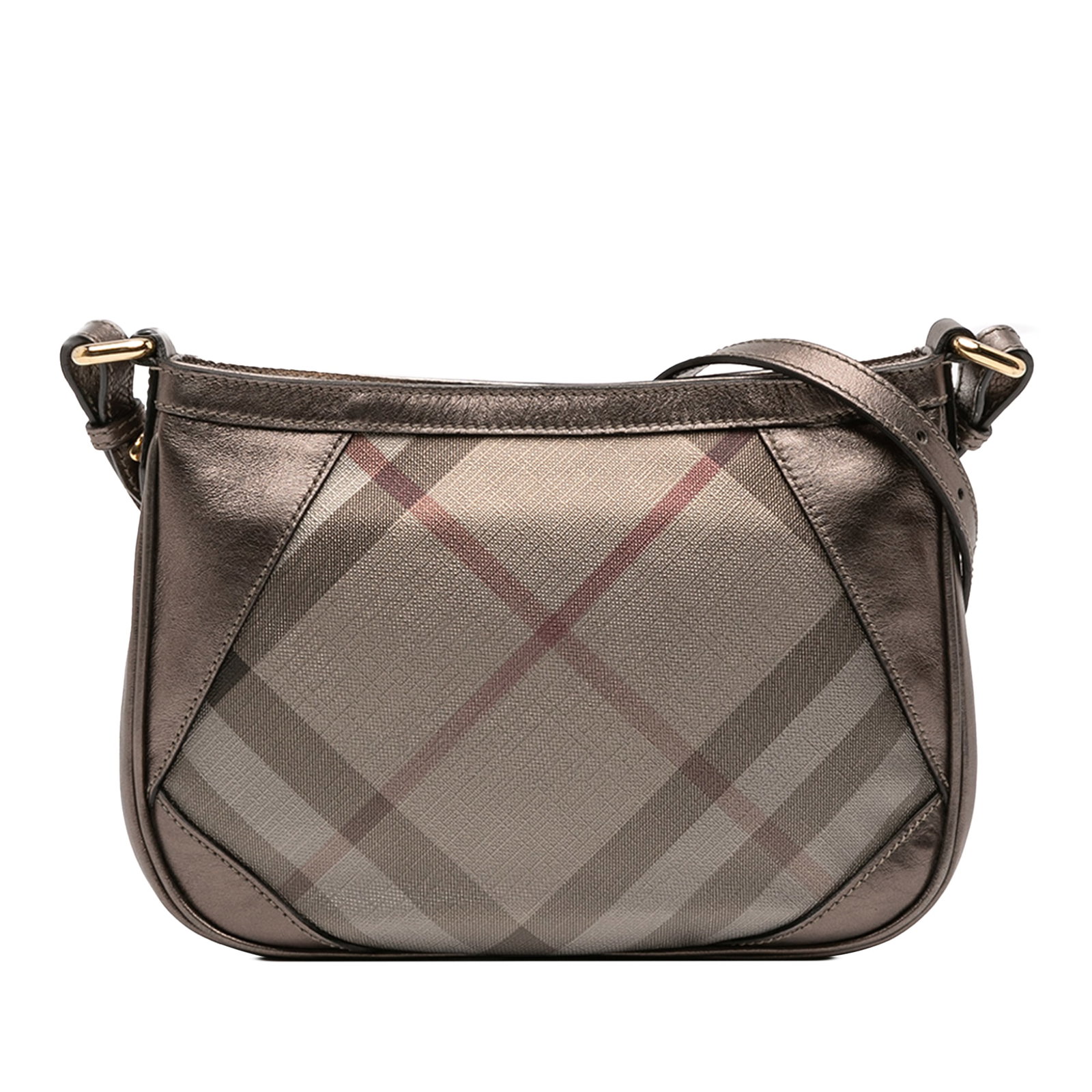 Burberry Supernova Check Canvas Crossbody with Metallic Leather Trim: Burberry Supernova Check Canvas Crossbody with Metallic Leather Trim This Burberry crossbody bag showcases the iconic Supernova check canvas accented with metallic leather trim. It features an adjusta