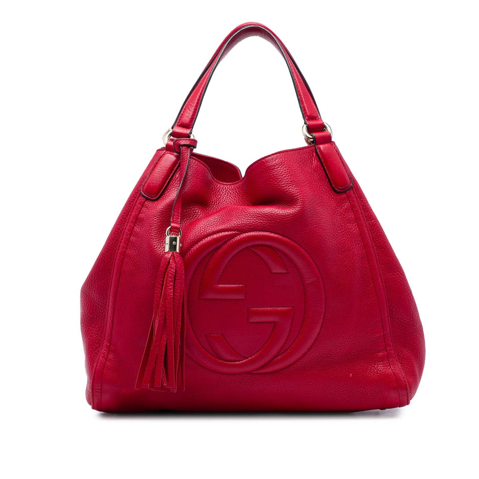 Gucci Soho Cellarius Medium Calfskin Leather Tote Bag Red: Gucci Soho Cellarius Medium Calfskin Leather Tote Bag Red A Gucci Soho Cellarius tote crafted in red calfskin leather with flat leather handles and tassel details. The open-top design features a lobst