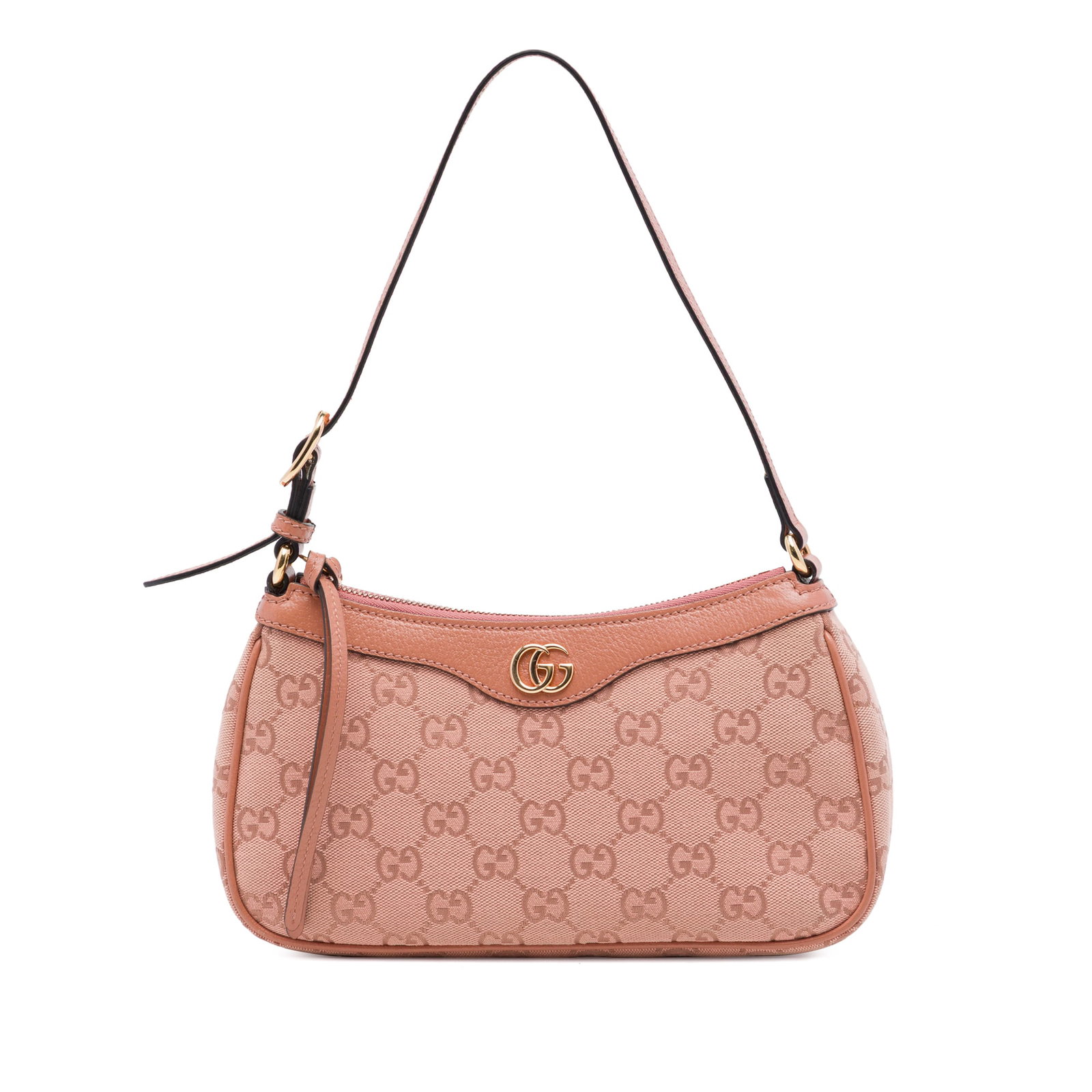 Gucci Ophidia Small GG Canvas Pink Shoulder Bag: Gucci Ophidia Small GG Canvas Pink Shoulder Bag A Gucci Ophidia shoulder bag in pink GG coated canvas with leather trim and a flat leather strap. The bag has a top zip closure and is made in Italy. Co