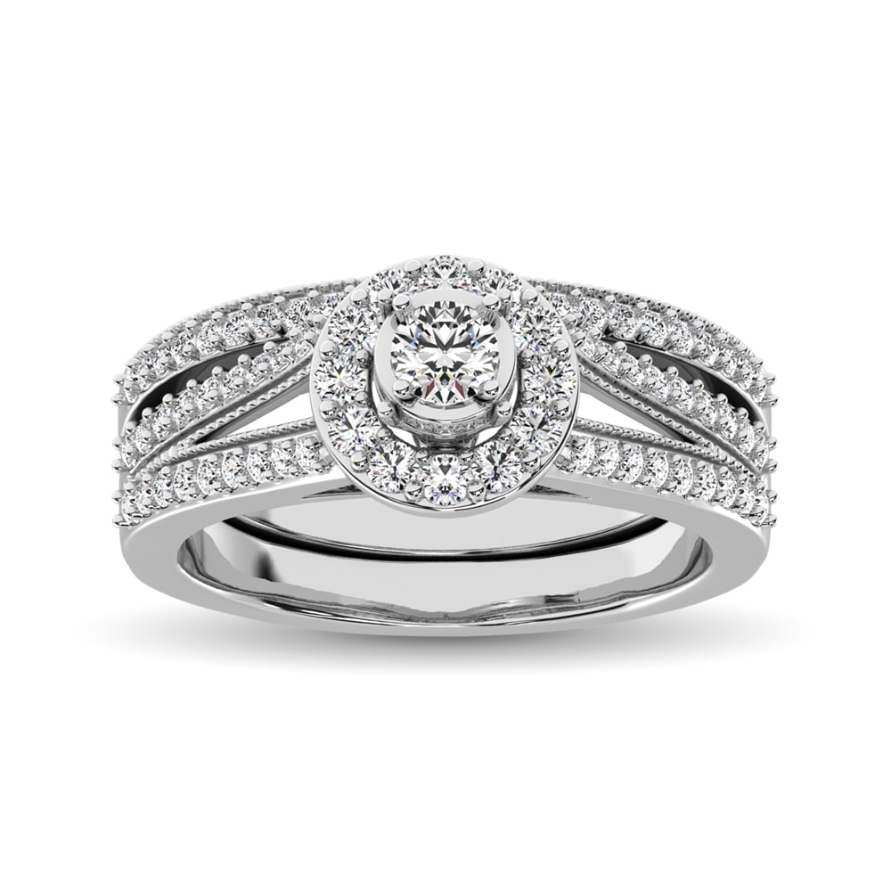 10K White Gold 3/4 Ct.tw Diamond Bridal Ring: 10K White Gold 3/4 Ct.tw Diamond Bridal Ring This amazing Bridal Ring is available in 10K White Gold. There is 1 round diamond with a total carat weight of 3/4 Ct.Tw. set in a shared prong setting. 10