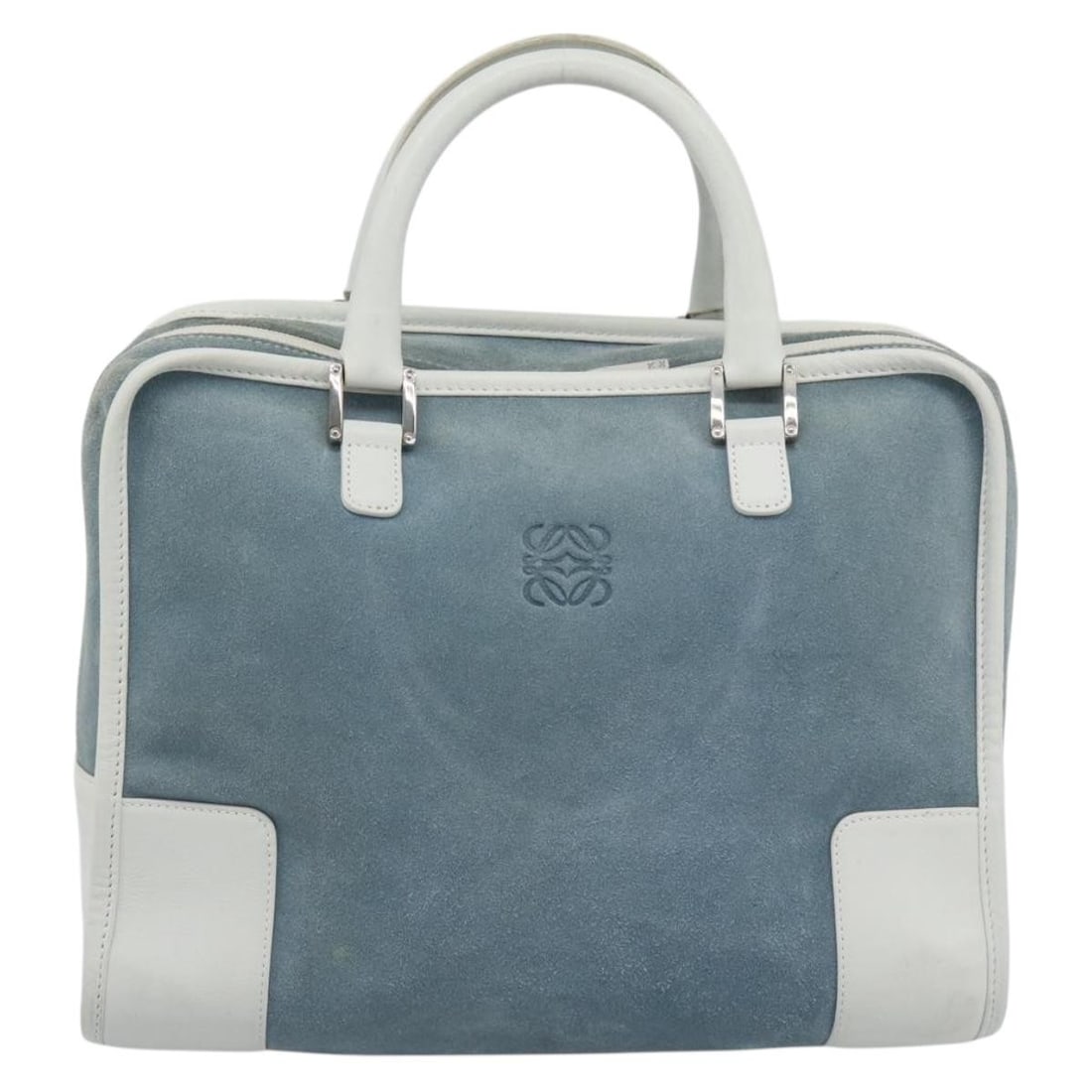 Loewe Amazona blue suede handbag 31cm x 24cm x 14cm: Loewe Amazona blue suede handbag 31cm x 24cm x 14cm The Loewe Amazona is a suede handbag in blue with a structured silhouette. Made in Spain, this piece is presented in good condition with visible sig