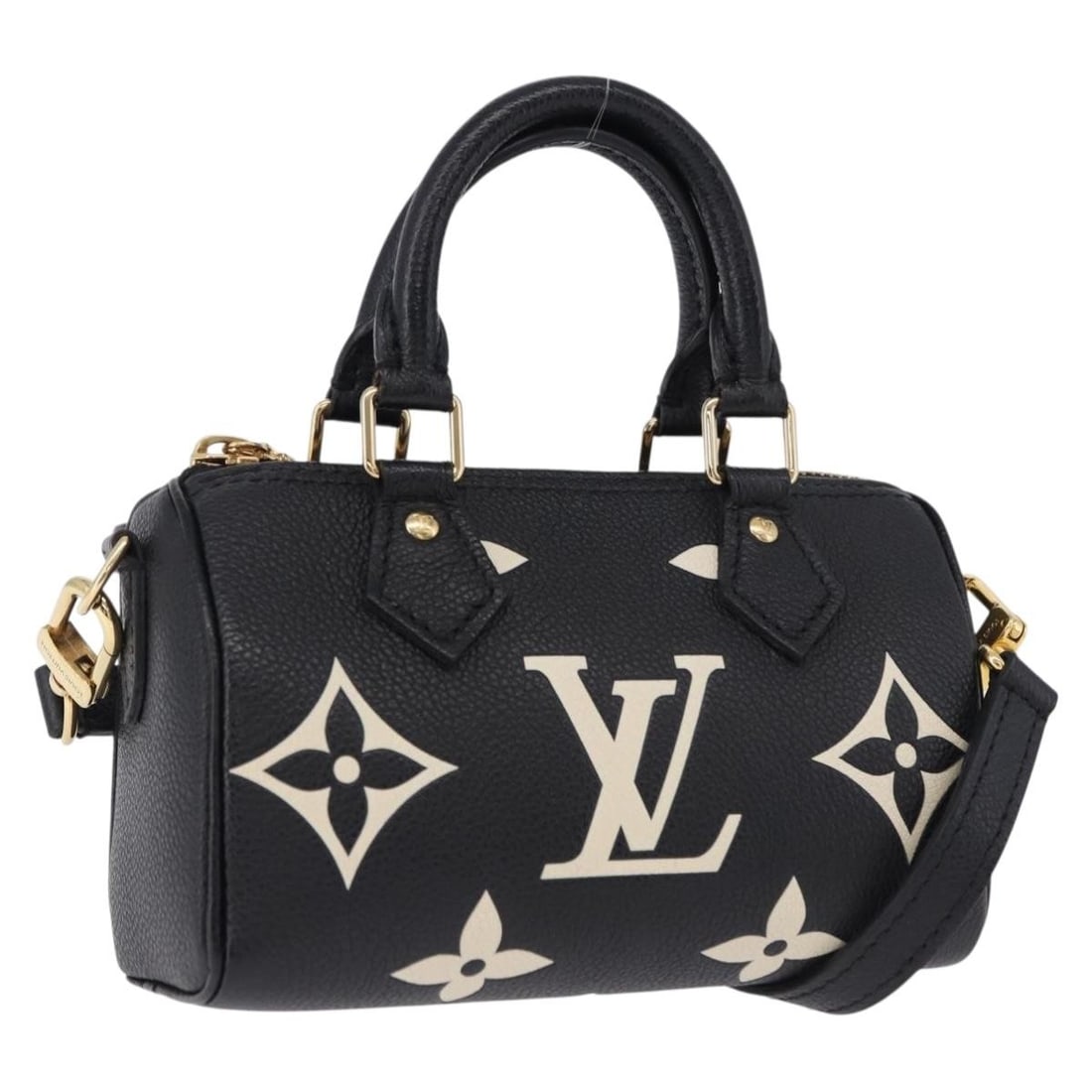 Louis Vuitton M81456 Nano Speedy Boston Bag Black Empreinte Leather: Louis Vuitton M81456 Nano Speedy Boston Bag Black Empreinte Leather Louis Vuitton Nano Speedy Boston bag in black Monogram Empreinte leather. This women's bag is made in France and includes a dust bag