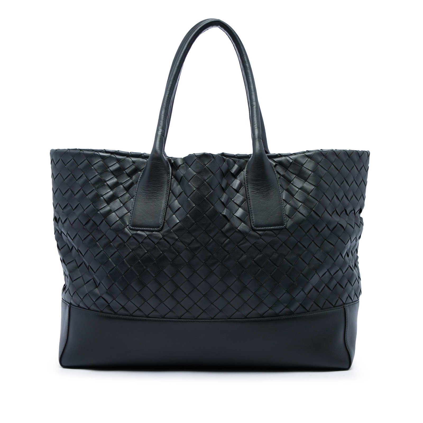 Black Leather Tote Bottega Veneta Nappa Intrecciato: Black Leather Tote Bottega Veneta Nappa Intrecciato Black Bottega Veneta Nappa Intrecciato tote crafted in woven nappa leather with rolled leather handles, an open top, and interior zip and slip pocke
