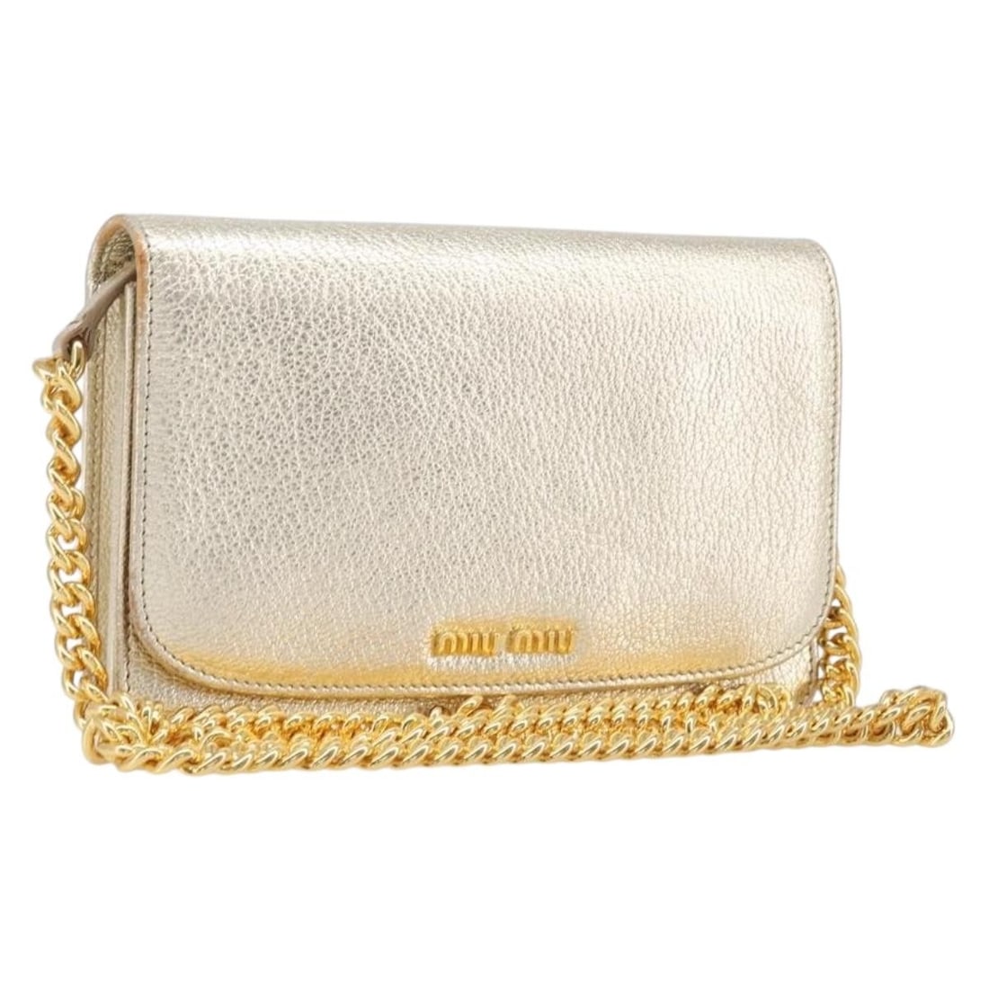 Miu Miu Leather Shoulder Bag Gold Chain Wallet with Dust Bag: Miu Miu Leather Shoulder Bag Gold Chain Wallet with Dust Bag Miu Miu chain wallet shoulder bag in gold leather with a compact silhouette and shoulder strap. Includes a dust bag. Condition is B with re