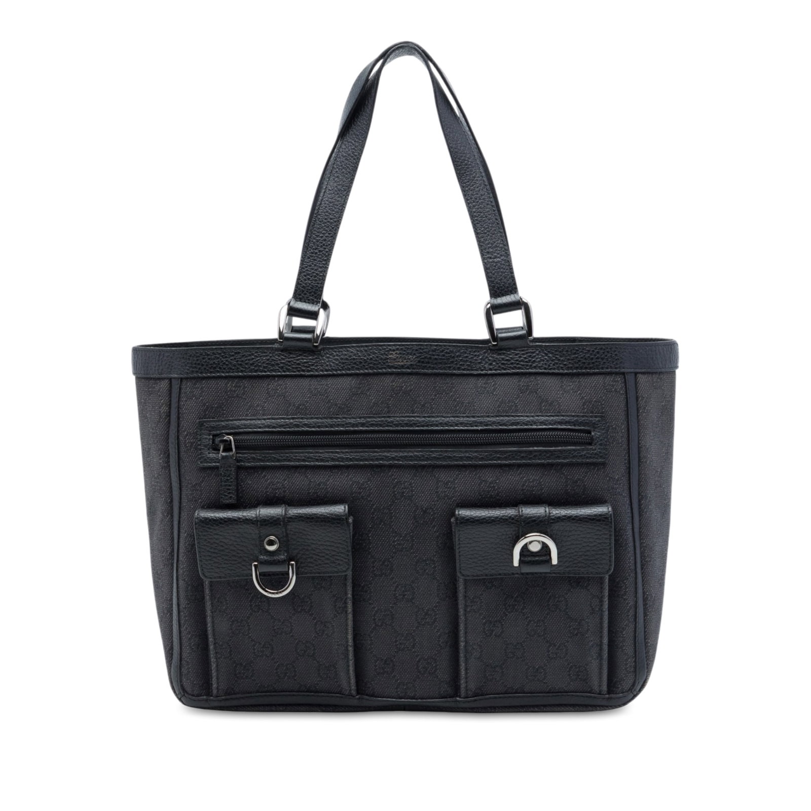 Gucci Abbey D Ring Pocket Tote in Gray GG Denim: Gucci Abbey D Ring Pocket Tote in Gray GG Denim Gucci Abbey D-Ring tote bag crafted in gray GG denim with leather trim. This tote features flat leather straps, an open top with magnetic closure, front