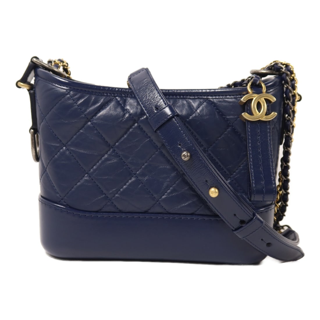 CHANEL Gabrielle Small 2way Shoulder Bag Blue Calfskin CC: CHANEL Gabrielle Small 2way Shoulder Bag Blue Calfskin CC CHANEL Gabrielle small chain shoulder bag in blue calfskin leather with a CC design and 2-way carry option. This women's bag features a struct