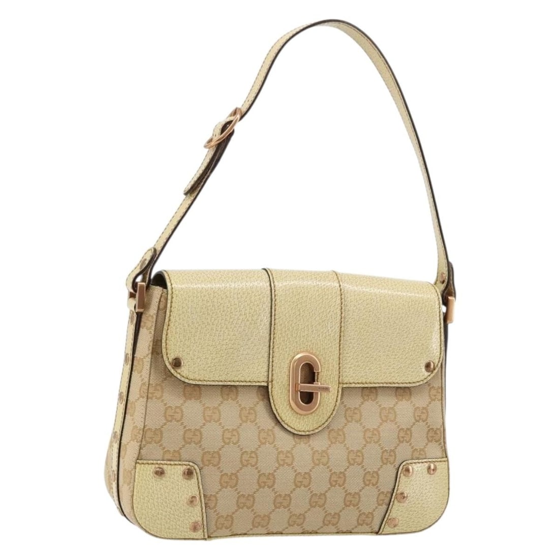 Beige Gold GG Canvas Shoulder Bag by Gucci: Beige Gold GG Canvas Shoulder Bag by Gucci A Gucci shoulder bag crafted from GG canvas in beige and gold. It features a shoulder bag style and was made in Italy. The bag is in very good condition over