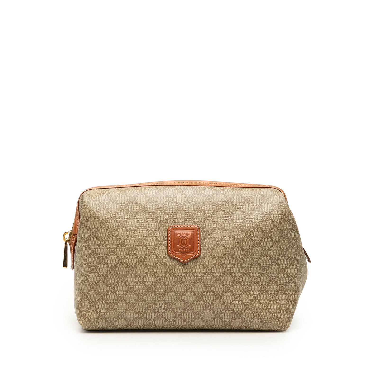 Celine Macadam zip pouch in coated canvas with leather trim: Celine Macadam zip pouch in coated canvas with leather trim A Celine Macadam pouch crafted with a coated canvas body and leather trim. It features a top zip closure and interior slip pockets. The pouc