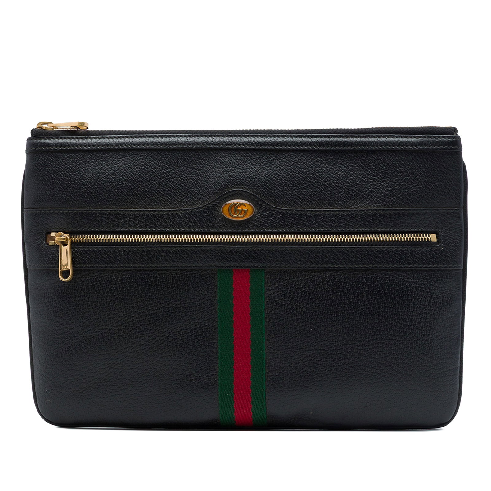 Gucci Ophidia zip clutch in black calfskin leather: Gucci Ophidia zip clutch in black calfskin leather A Gucci Ophidia clutch crafted in black calfskin leather with leather trim. The design features a top zip closure and an exterior zip pocket. Conditi