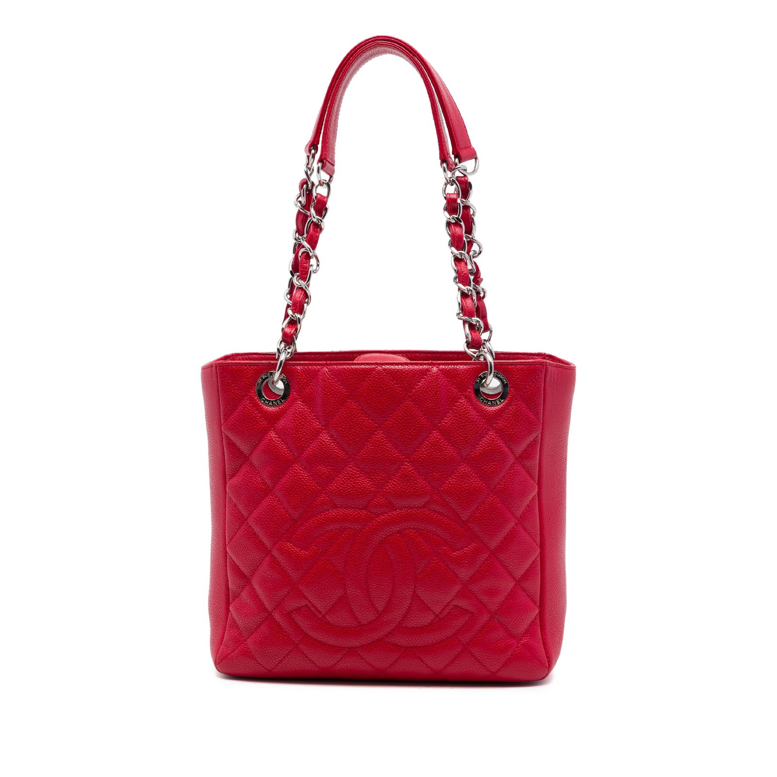 Chanel Petite Shopping Tote in Red Caviar Leather: Chanel Petite Shopping Tote in Red Caviar Leather A Chanel Caviar Petite Shopping Tote in red quilted caviar leather. This tote features leather-woven chain shoulder straps with a leather guard, an op