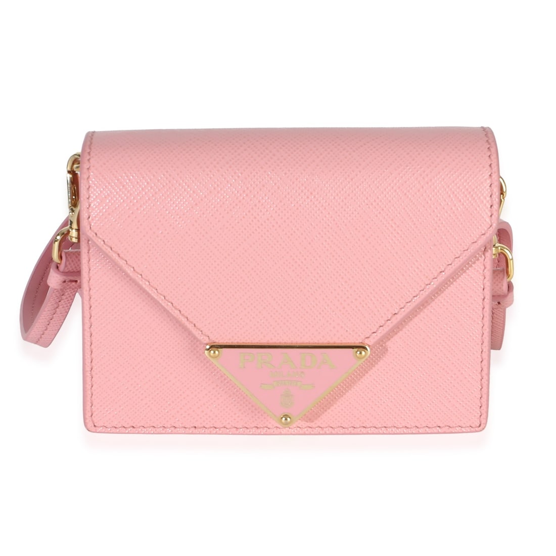 Prada Card Holder With Strap Pink Leather Crossbody: Prada Card Holder With Strap Pink Leather Crossbody Prada card holder with strap in pink Saffiano leather. This pre-owned piece features a snap closure, leather lining, and gold-tone hardware. The rem