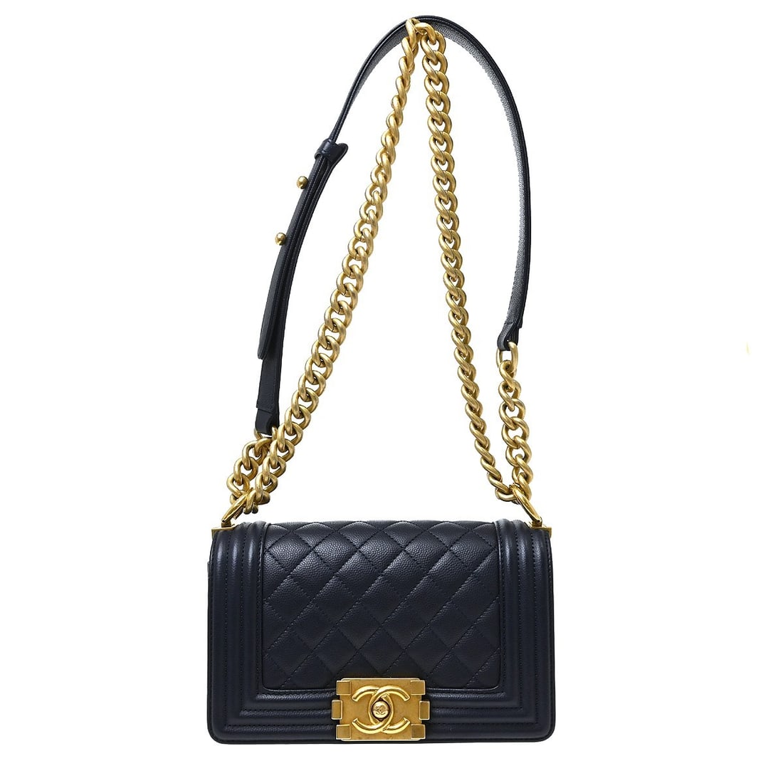 CHANEL Boy Chanel Mini Shoulder Bag Navy Lambskin Chain Strap: CHANEL Boy Chanel Mini Shoulder Bag Navy Lambskin Chain Strap Boy Chanel small chain shoulder bag in navy lambskin with a clasp flap closure and fabric lining. Designed with a chain shoulder strap and