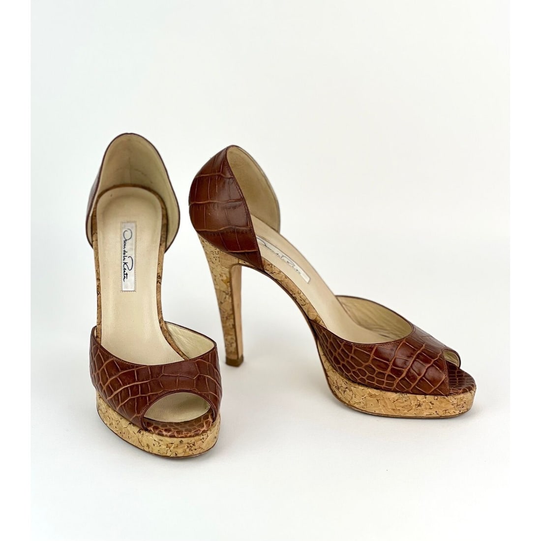 Oscar de la Renta Peep Toe brown leather stiletto heels with cork platform (1 of 13)