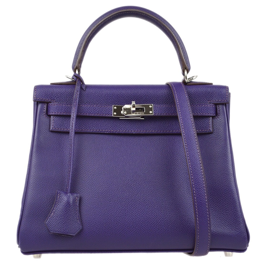 Hermes Kelly 25 Violet Epsom Leather Top Handle Bag with Strap: Hermes Kelly 25 Violet Epsom Leather Top Handle Bag with Strap Hermes Kelly 25 Retourne 2way handbag in violet Epsom leather, made in France. It features a turn lock closure, top handle style, detacha