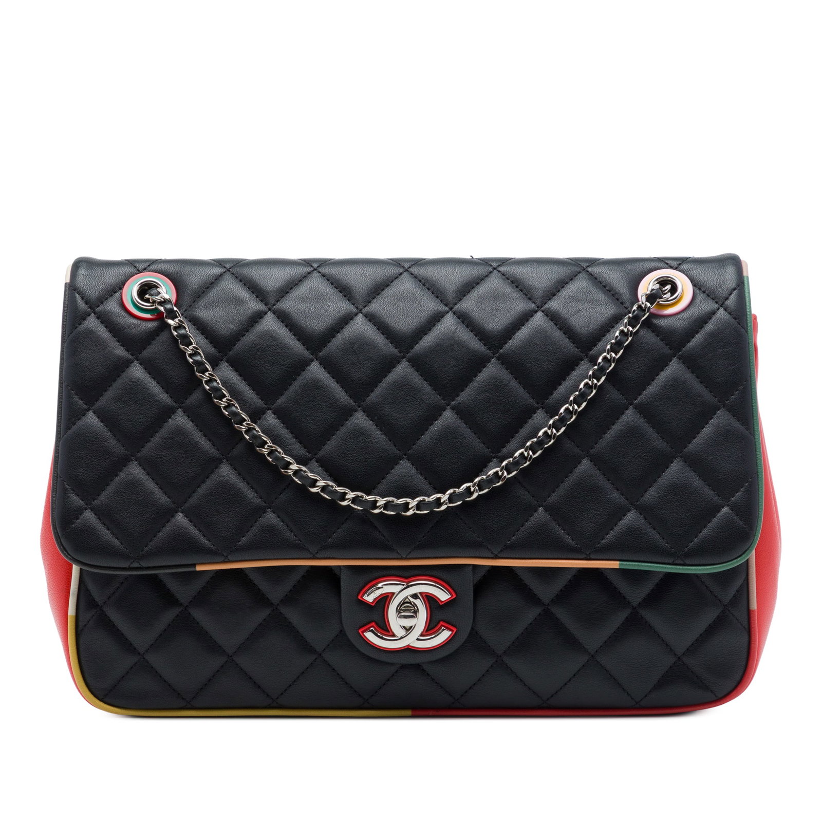 Chanel Jumbo Cuba Color Flap Bag Quilted Lambskin Black: Chanel Jumbo Cuba Color Flap Bag Quilted Lambskin Black A Chanel Jumbo flap bag crafted in quilted lambskin leather with acrylic Cuba Color detailing. This shoulder bag features a leather-woven chain 