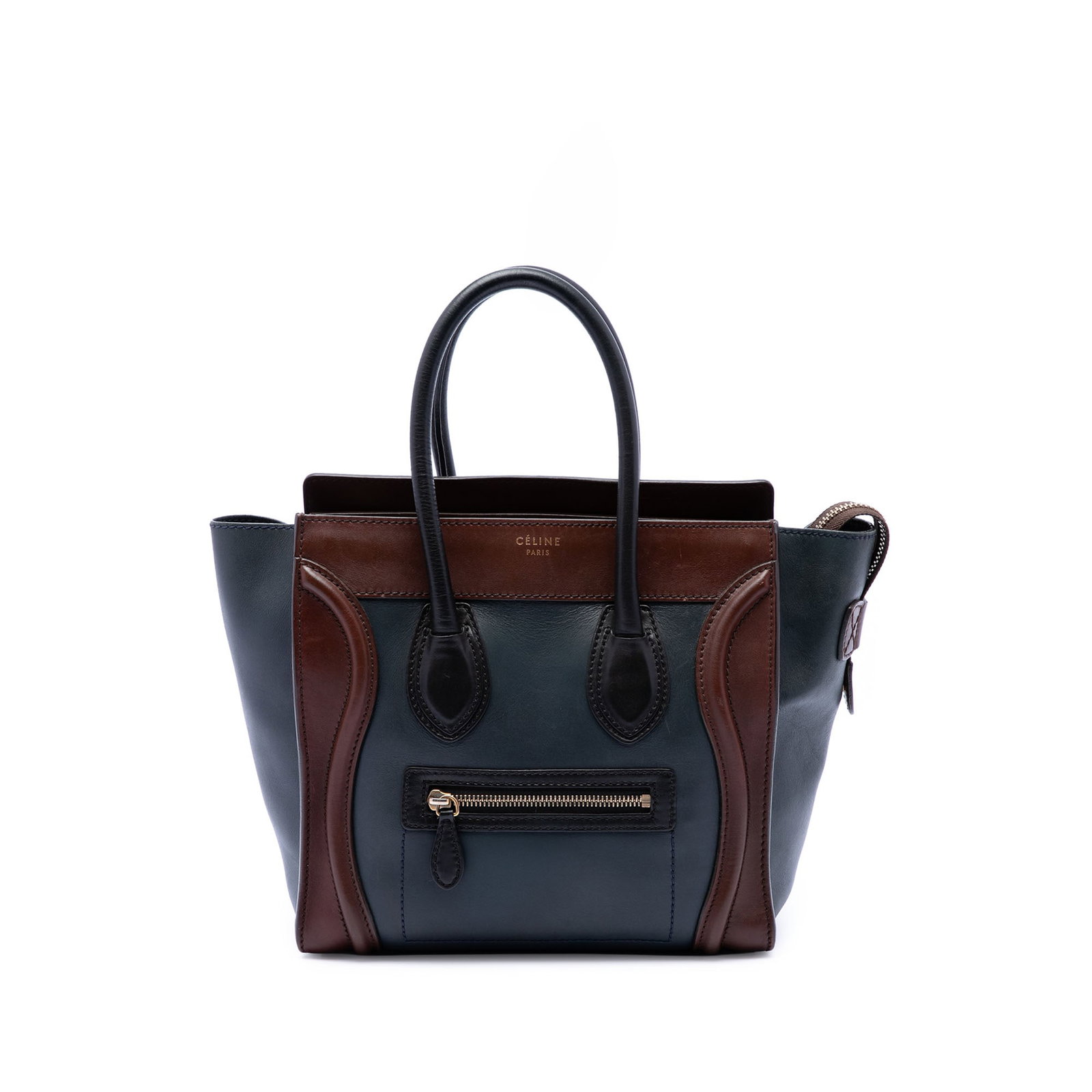 Celine Mini Luggage Tote Tricolor Blue Leather Bag: Celine Mini Luggage Tote Tricolor Blue Leather Bag A Celine Mini Tricolor Leather Luggage Tote crafted in leather with rolled leather handles, a top zip closure, and the signature front zip pocket. Th