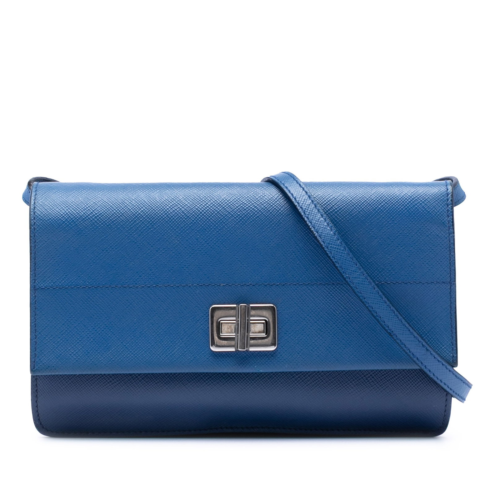 Prada Saffiano Leather Wallet Strap Blue Turn Lock: Prada Saffiano Leather Wallet Strap Blue Turn Lock This Prada Saffiano Turn Lock Wallet on Strap is crafted from blue saffiano leather and features a flat strap, a front flap with a turn lock closure,