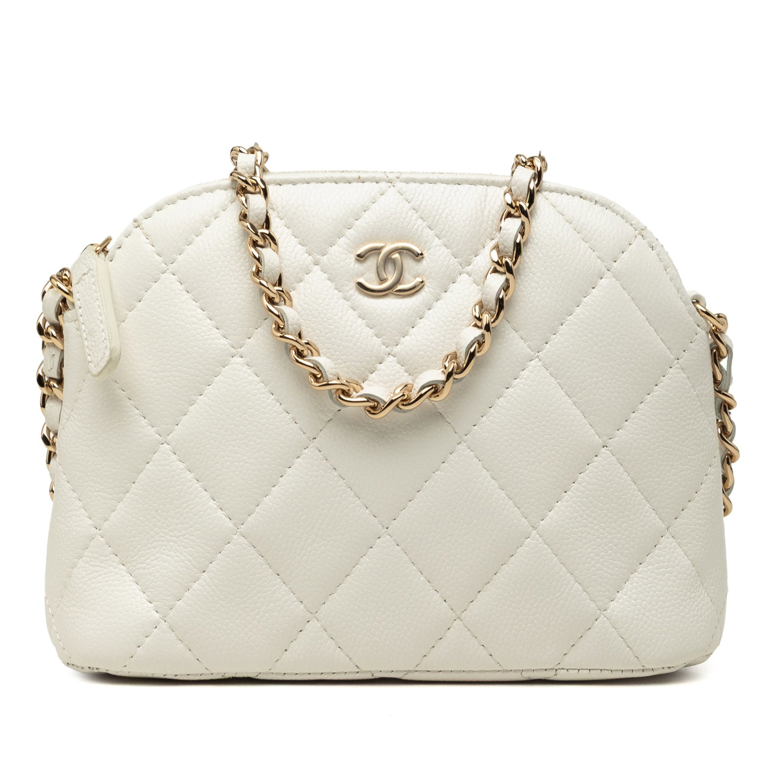 Chanel Mini CC Dome Chain Clutch Quilted White Caviar Leather: Chanel Mini CC Dome Chain Clutch Quilted White Caviar Leather A compact Chanel crossbody bag crafted in white quilted caviar leather. This dome-style clutch features a leather-woven chain strap, top z