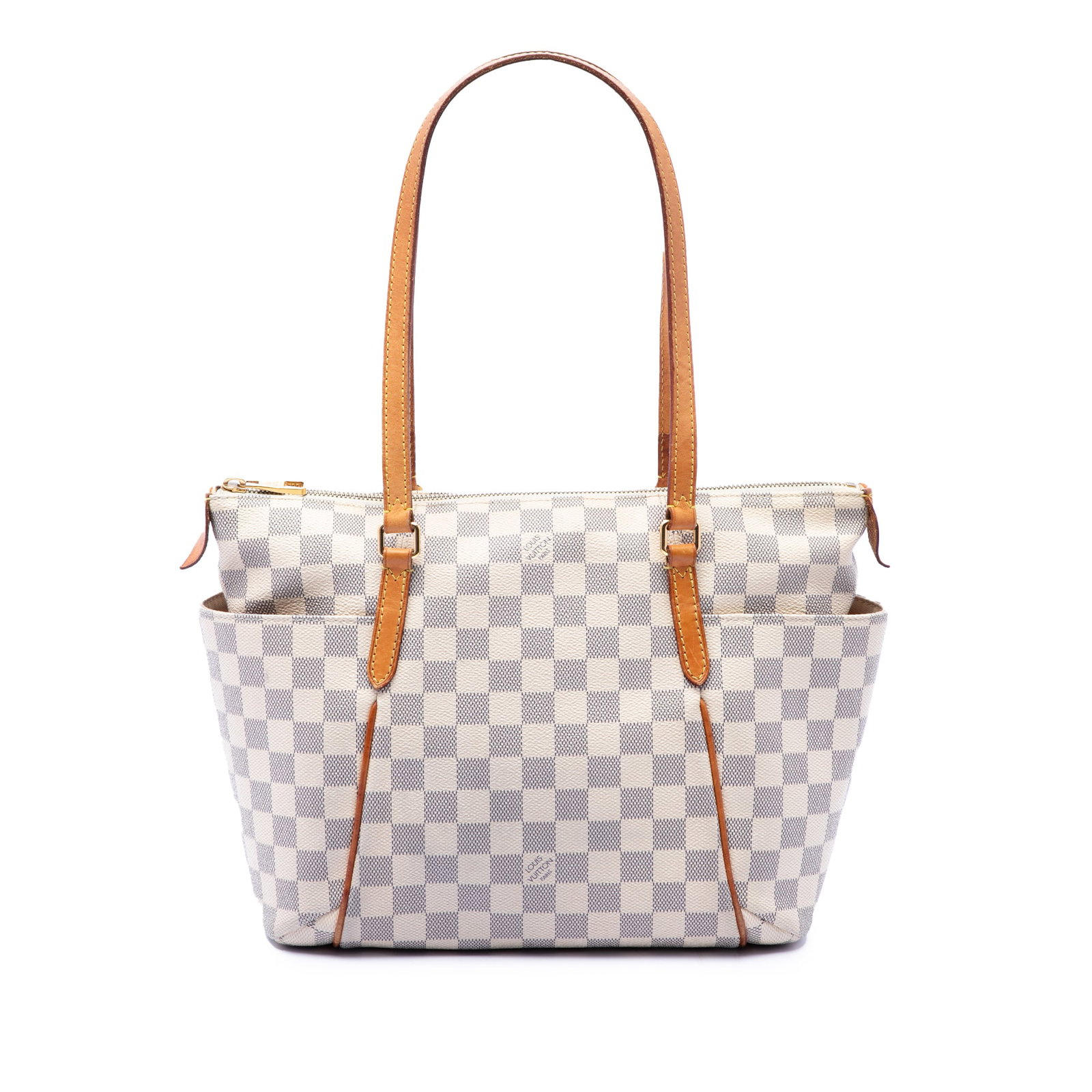 Louis Vuitton Totally PM Damier Azur Shoulder Bag: Louis Vuitton Totally PM Damier Azur Shoulder Bag The Louis Vuitton Damier Azur Totally PM is a structured handbag with a damier canvas body, flat vachetta leather handles, a top zip closure, exterior