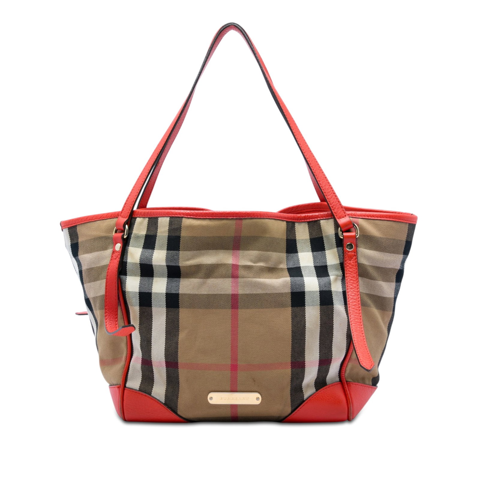 Burberry Canterbury Tote Small House Check Canvas Bag: Burberry Canterbury Tote Small House Check Canvas Bag A Burberry Small House Check Canvas Bridle Canterbury tote with a canvas body, leather trim, and flat leather straps. The open top has a snap butt