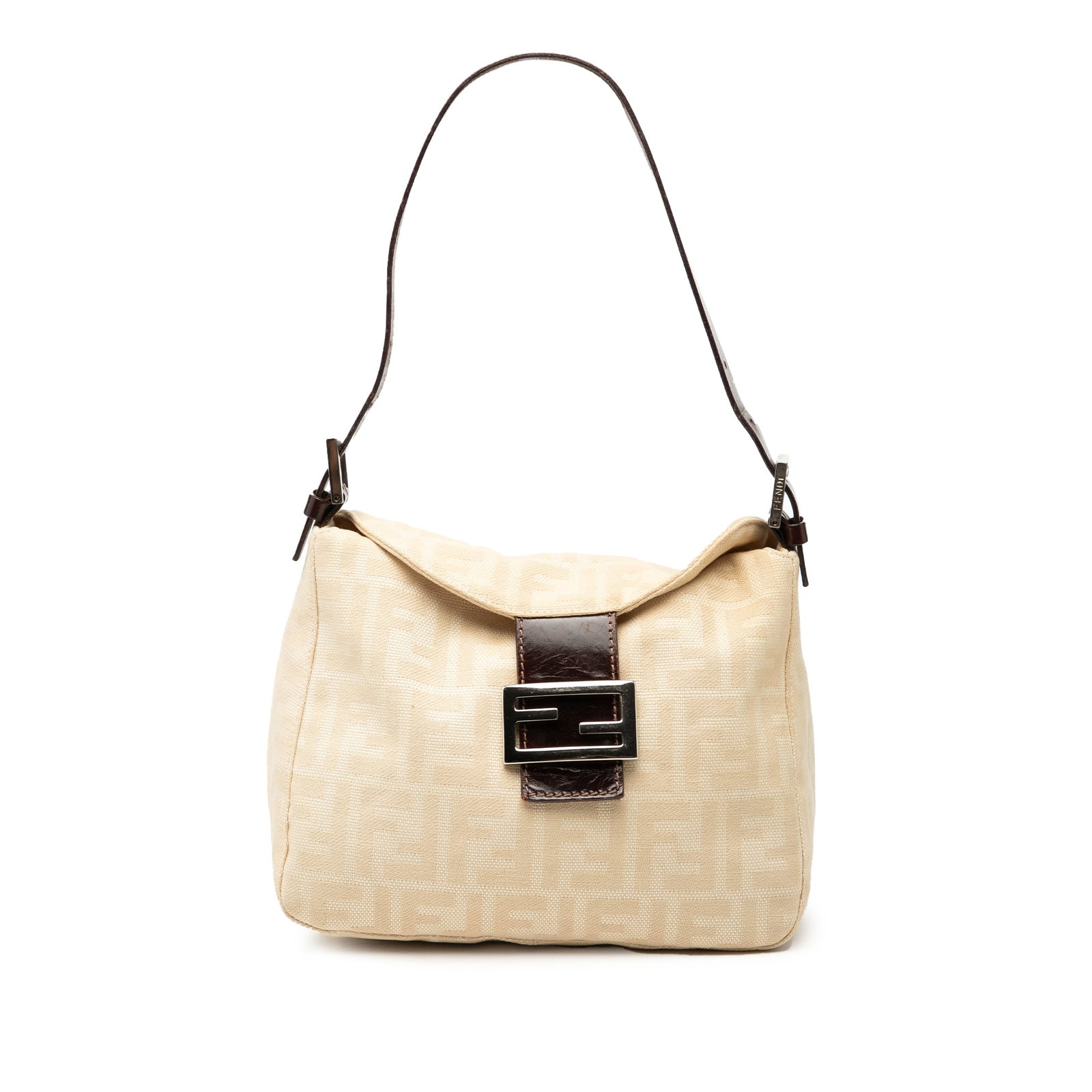 Fendi Zucca Canvas Shoulder Bag with Double Flap Beige: Fendi Zucca Canvas Shoulder Bag with Double Flap Beige Fendi Zucca Canvas Double Flap Shoulder Bag in beige, made in Italy. The bag features a canvas body, a flat leather handle, double flaps with a f
