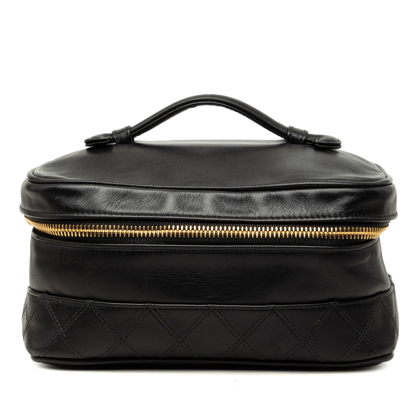 Chanel CC Quilted Lambskin Leather Vanity Bag Black: Chanel CC Quilted Lambskin Leather Vanity Bag Black Black Chanel CC Quilted Lambskin Vanity Bag crafted in lambskin leather with a quilted bottom panel. This vanity bag features a flat leather top han