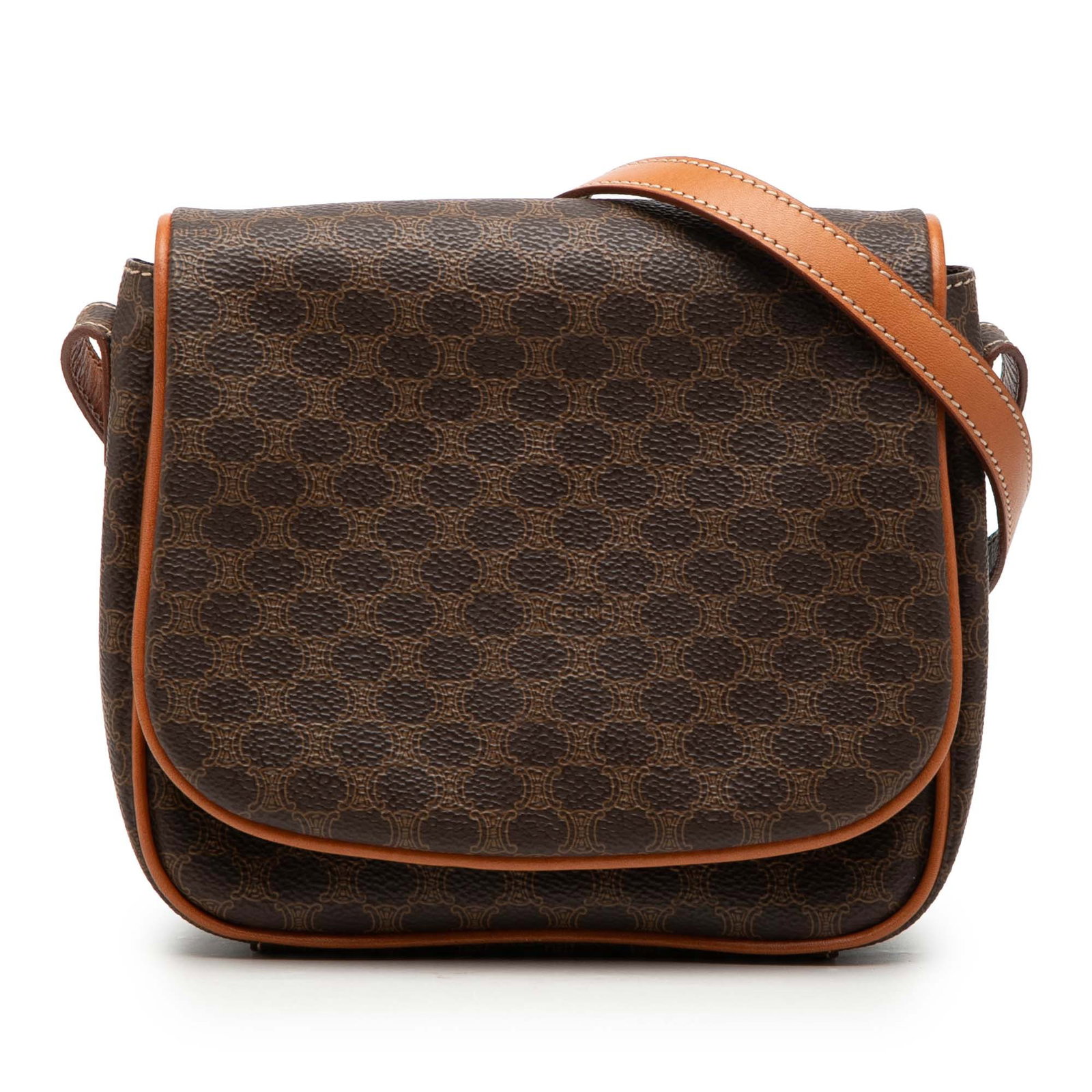 Celine Macadam Brown Coated Canvas Crossbody Bag: Celine Macadam Brown Coated Canvas Crossbody Bag Celine Macadam crossbody bag in brown coated canvas with leather trim. It features a flat leather strap, a front flap with magnetic snap closure, and a