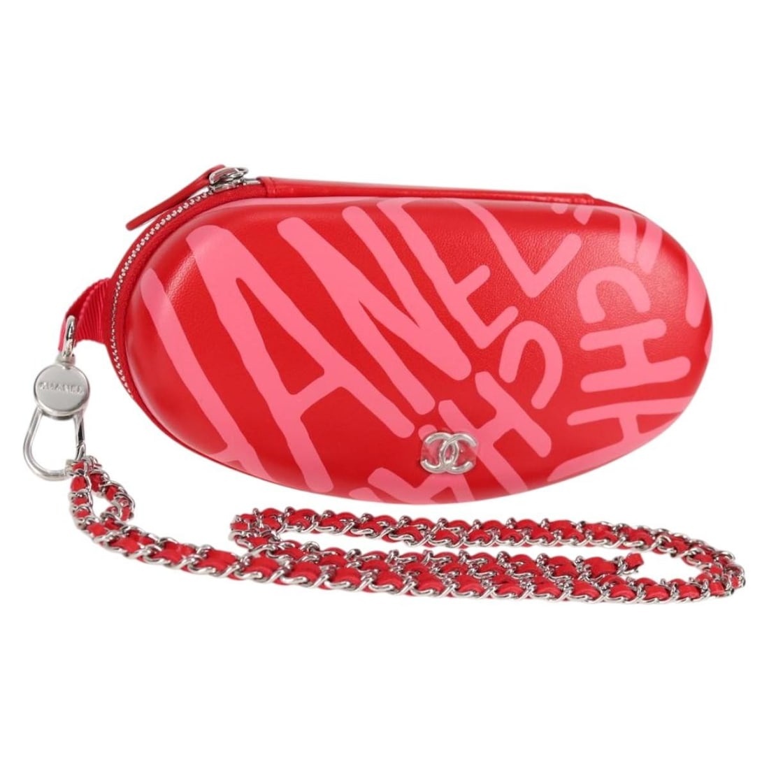 CHANEL Red Leather Eyeglasses Case with Chain CC France: CHANEL Red Leather Eyeglasses Case with Chain CC France Red leather CHANEL glasses case with a chain-accent design and CC detail. Made in France, this women's accessory includes a dust bag and item bo