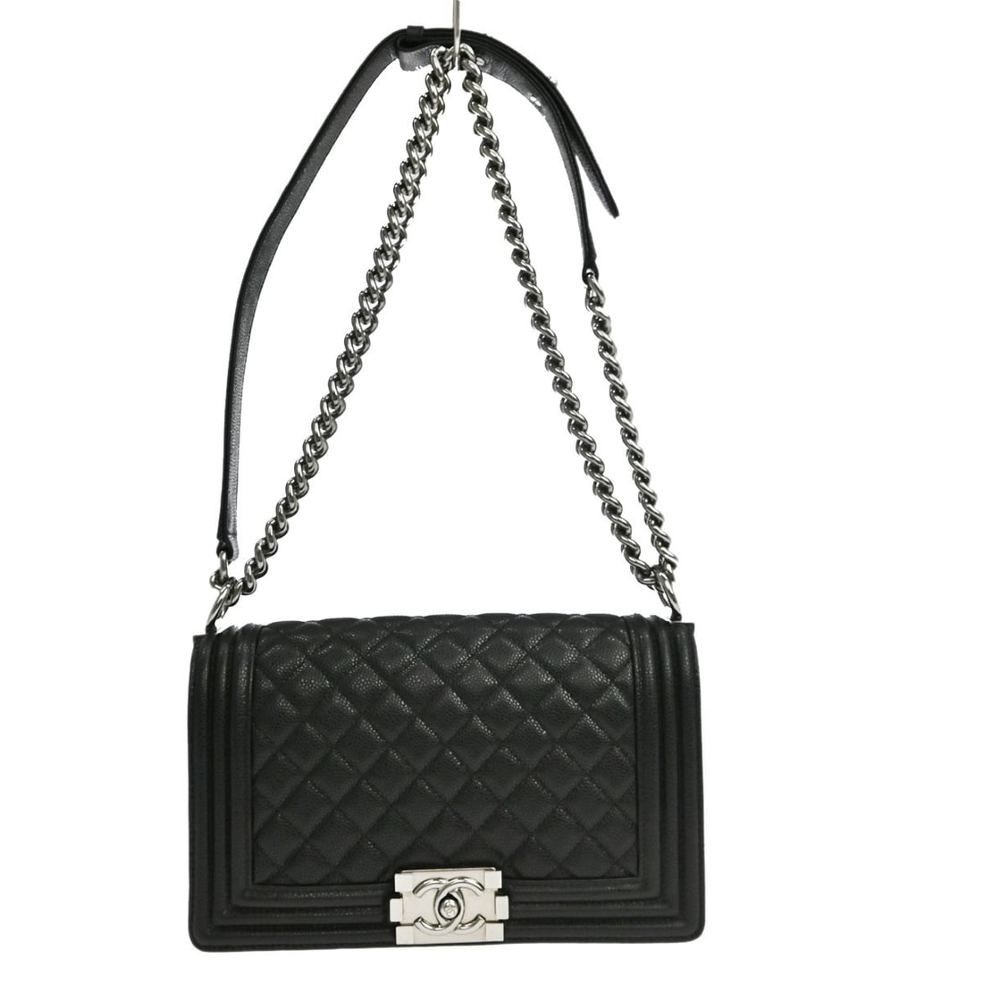 CHANEL Boy Medium Shoulder Bag Black Caviar Leather Chain Strap: CHANEL Boy Medium Shoulder Bag Black Caviar Leather Chain Strap Vintage Chanel Boy Medium shoulder bag in black calfskin with a push lock flap closure, quilted matelasse pattern, and silver-tone hardw