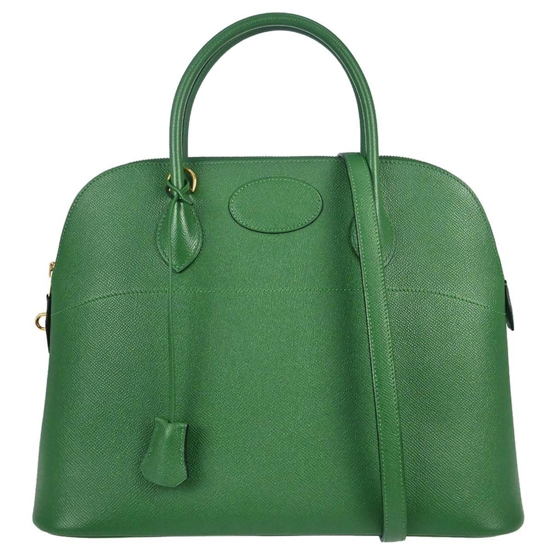 HERMES Bolide 35 Green Courchevel Leather 2way Top Handle Bag: HERMES Bolide 35 Green Courchevel Leather 2way Top Handle Bag Hermes Bolide 35 2-way handbag in green Courchevel leather with double handles, zip closure, and a detachable shoulder strap. The interior