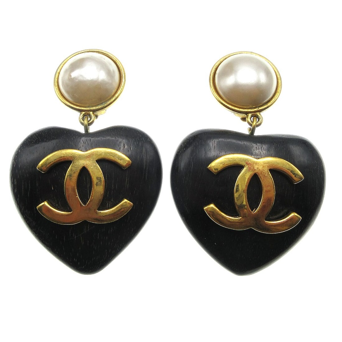 CHANEL Heart Clip On Dangle Earrings Black Artificial Pearl (1 of 5)