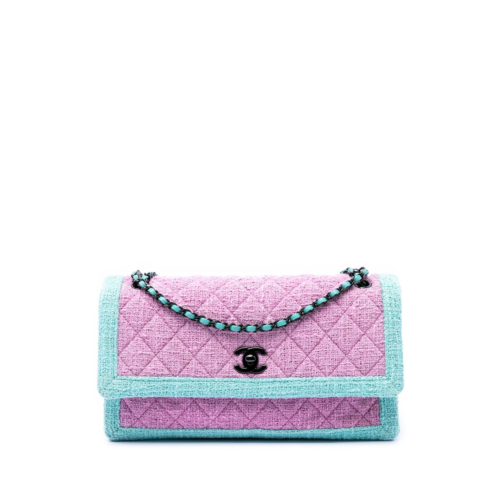 Chanel CC Tweed Shoulder Bag Pink Bicolor Quilted Flap: Chanel CC Tweed Shoulder Bag Pink Bicolor Quilted Flap A Chanel shoulder bag crafted in pink quilted tweed with leather-woven chain straps and a front flap with CC turn-lock closure. The interior incl