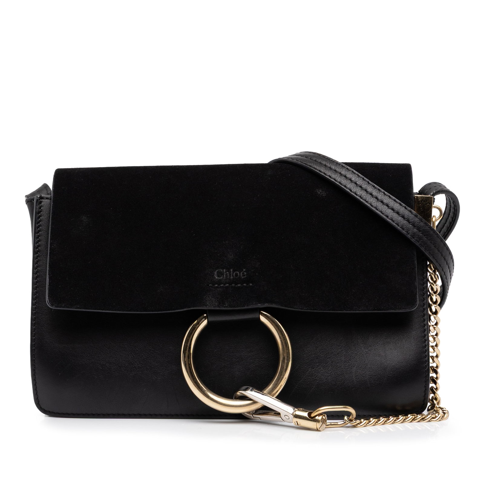 Chloe Faye Small Crossbody Bag in Suede and Calfskin: Chloe Faye Small Crossbody Bag in Suede and Calfskin Chloe Small Faye crossbody bag crafted in suede and calfskin leather with a structured flap silhouette. It features an adjustable flat leather stra