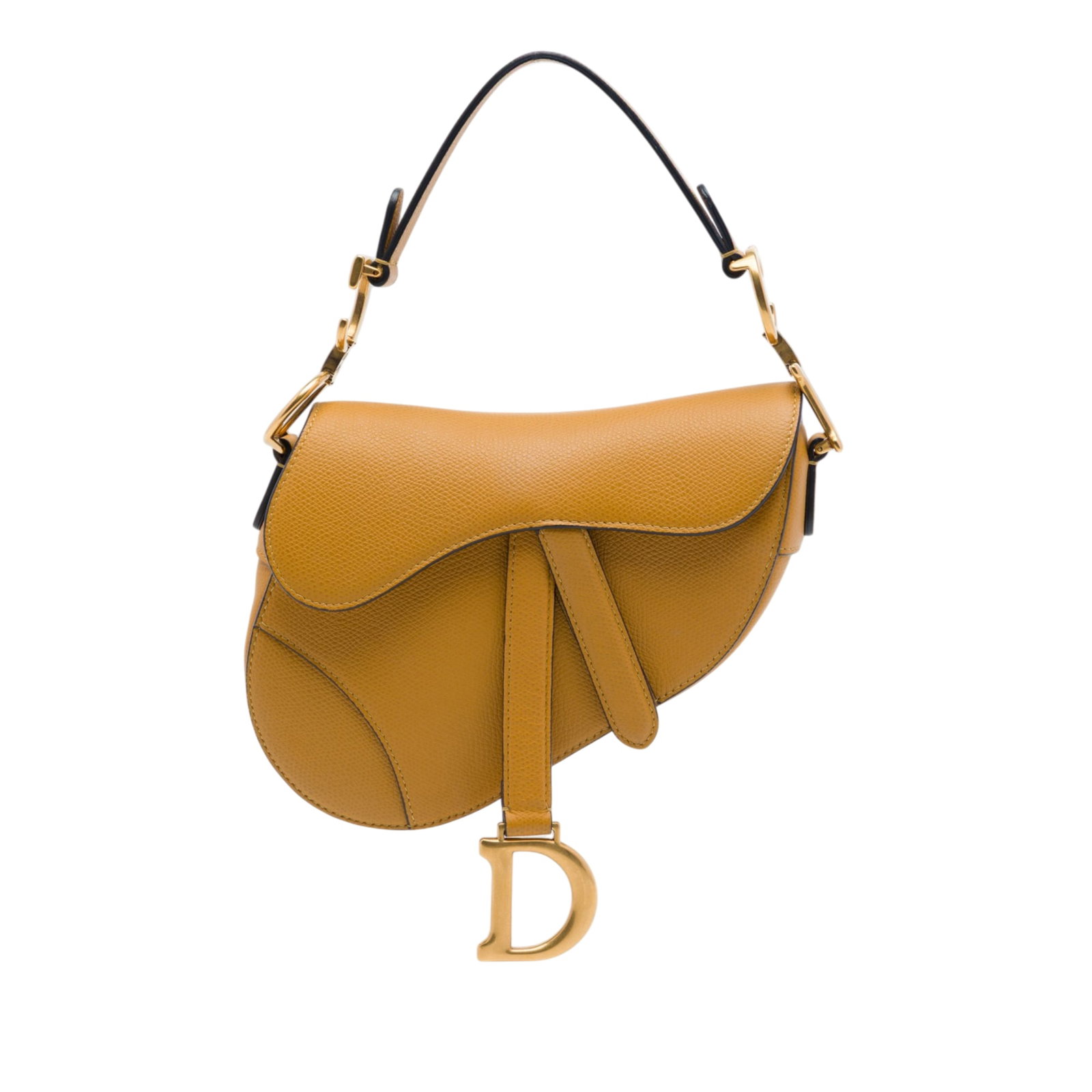Dior Saddle Bag Mini Grained Calfskin Leather Brown: Dior Saddle Bag Mini Grained Calfskin Leather Brown Mini Saddle bag in brown grained calfskin with a structured silhouette, flat leather handle, detachable strap, and front flap with magnetic closure.