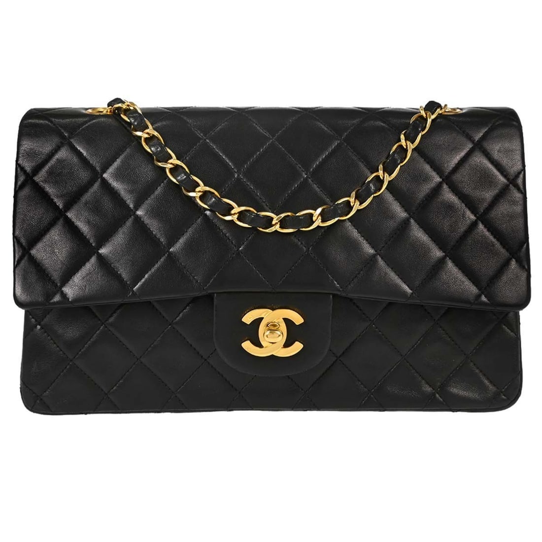 CHANEL Classic Double Flap Medium Lambskin Shoulder Bag Black: CHANEL Classic Double Flap Medium Lambskin Shoulder Bag Black Chanel Medium Classic Double Flap shoulder bag in black lambskin leather with a turn-lock closure and shoulder strap. Made in France, this