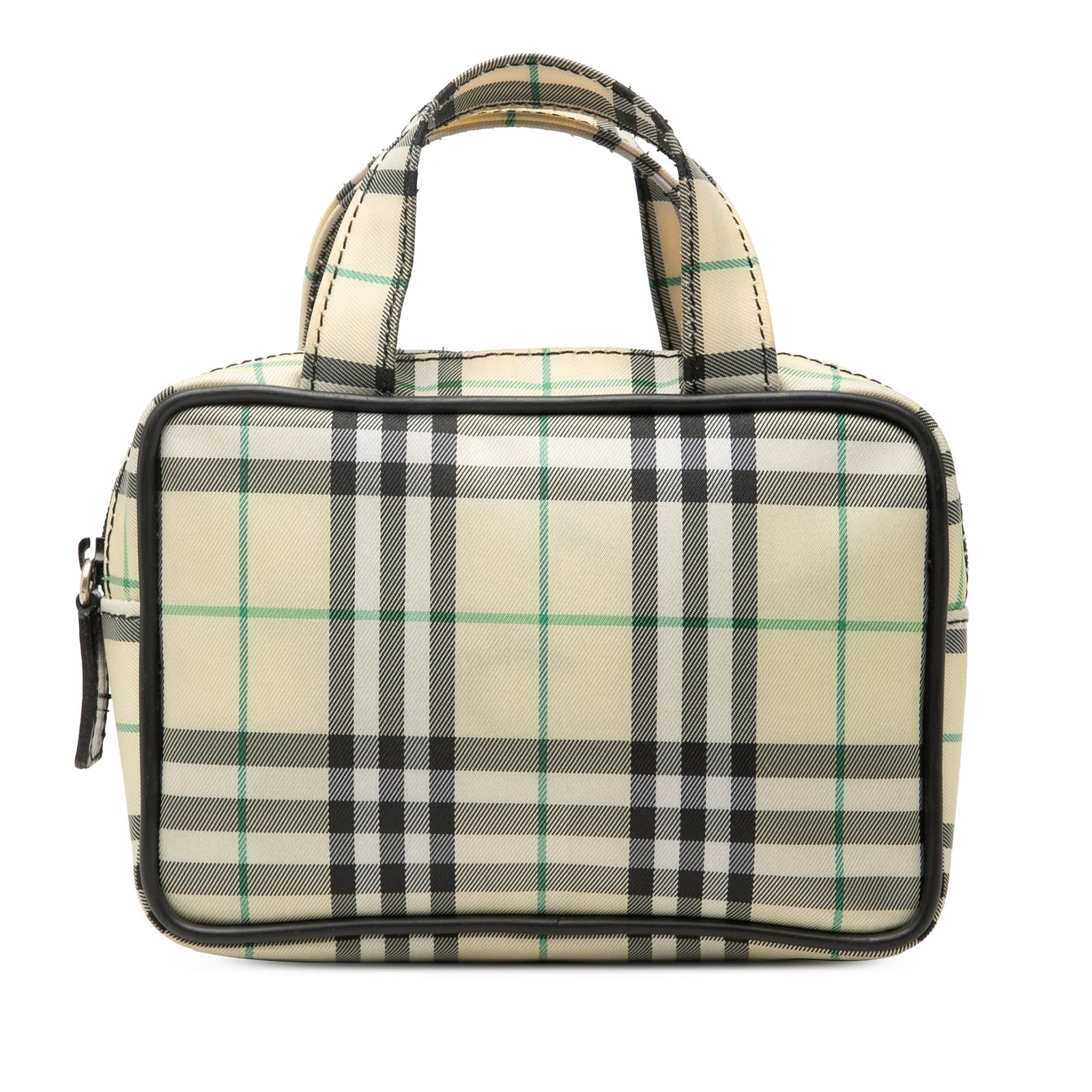 Burberry House Check Plaid Canvas Zip Top Handbag: Burberry House Check Plaid Canvas Zip Top Handbag Burberry House Check canvas handbag with a plaid fabric body, flat handles, and a top zip closure. Made in Italy. Condition is B+ with visible wear an