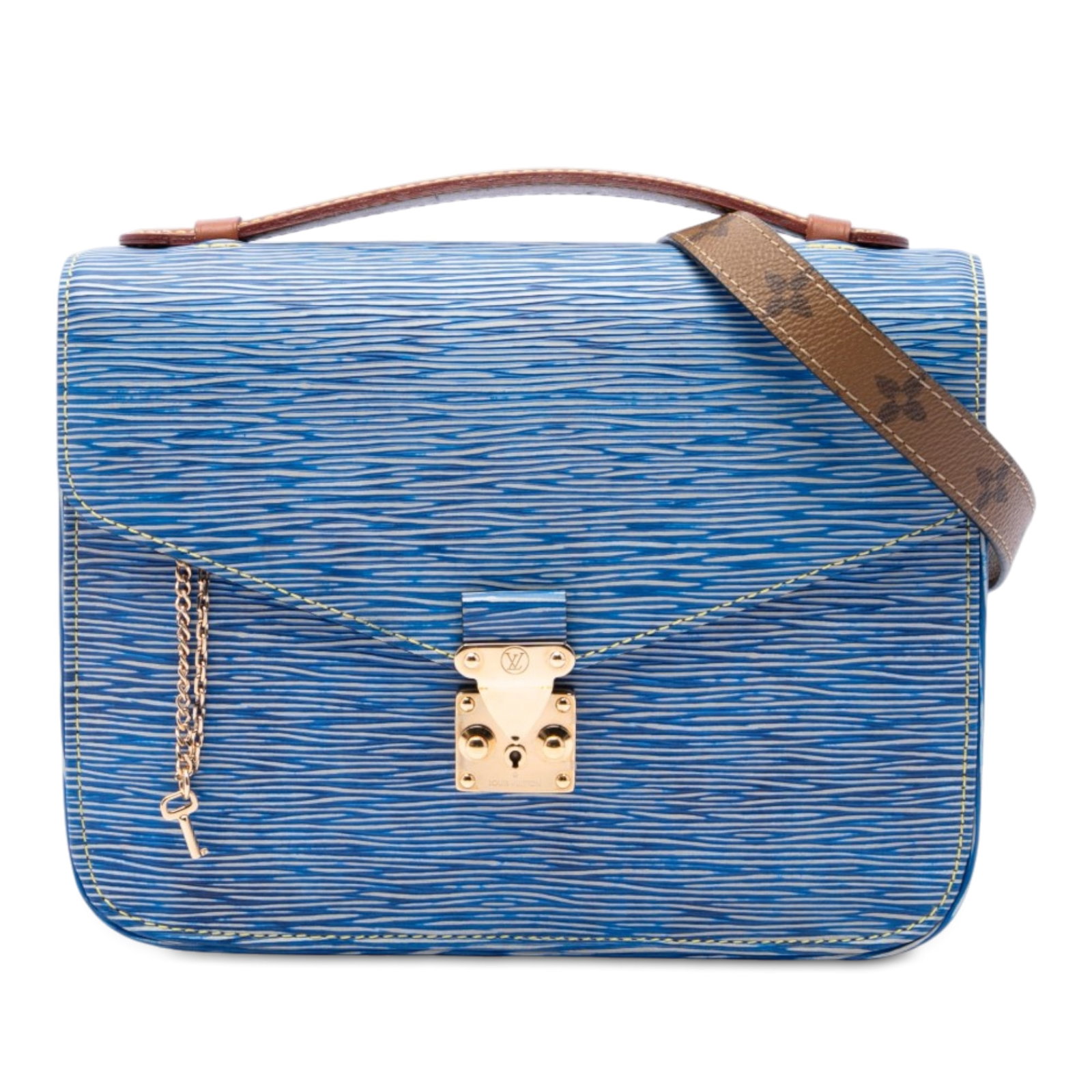 Louis Vuitton Pochette Metis Blue Epi Leather Reverse Monogram Bag: Louis Vuitton Pochette Metis Blue Epi Leather Reverse Monogram Bag Louis Vuitton Pochette Metis in blue Epi leather with reverse Monogram canvas trim. This handbag features a flat vachetta leather top