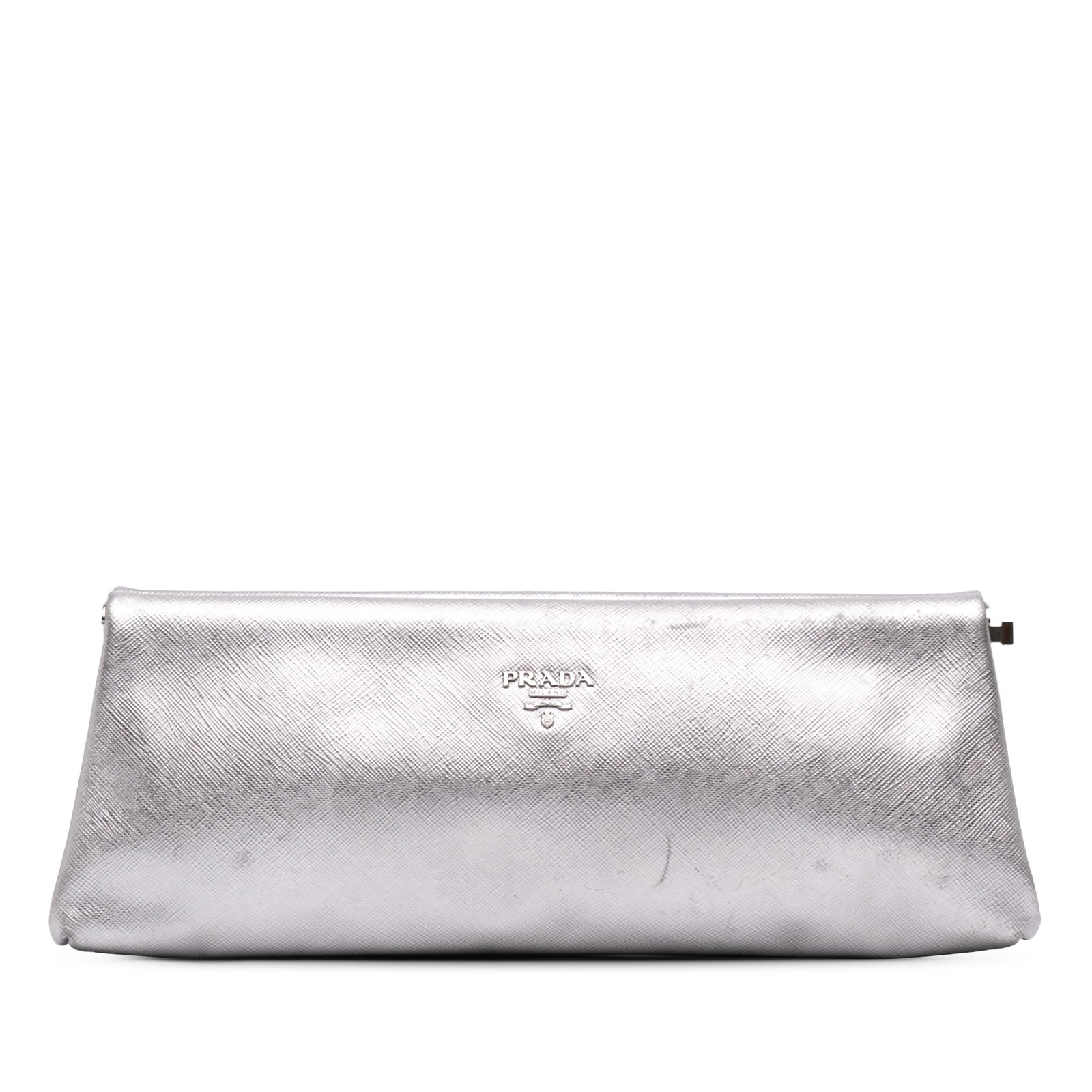 Prada Metallic Saffiano Leather Frame Clutch Bag Silver: Prada Metallic Saffiano Leather Frame Clutch Bag Silver A Prada Metallic Saffiano Frame Clutch in silver leather with a structured frame-top design and side push closure. The interior includes a slip 
