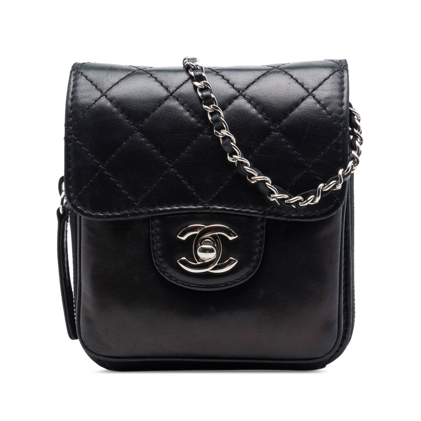 Chanel Clams Wallet on Chain Black Quilted Lambskin CC: Chanel Clams Wallet on Chain Black Quilted Lambskin CC A Chanel wallet on chain crafted in black quilted lambskin leather. This piece features a leather-woven chain strap, a front flap with CC turn-lo