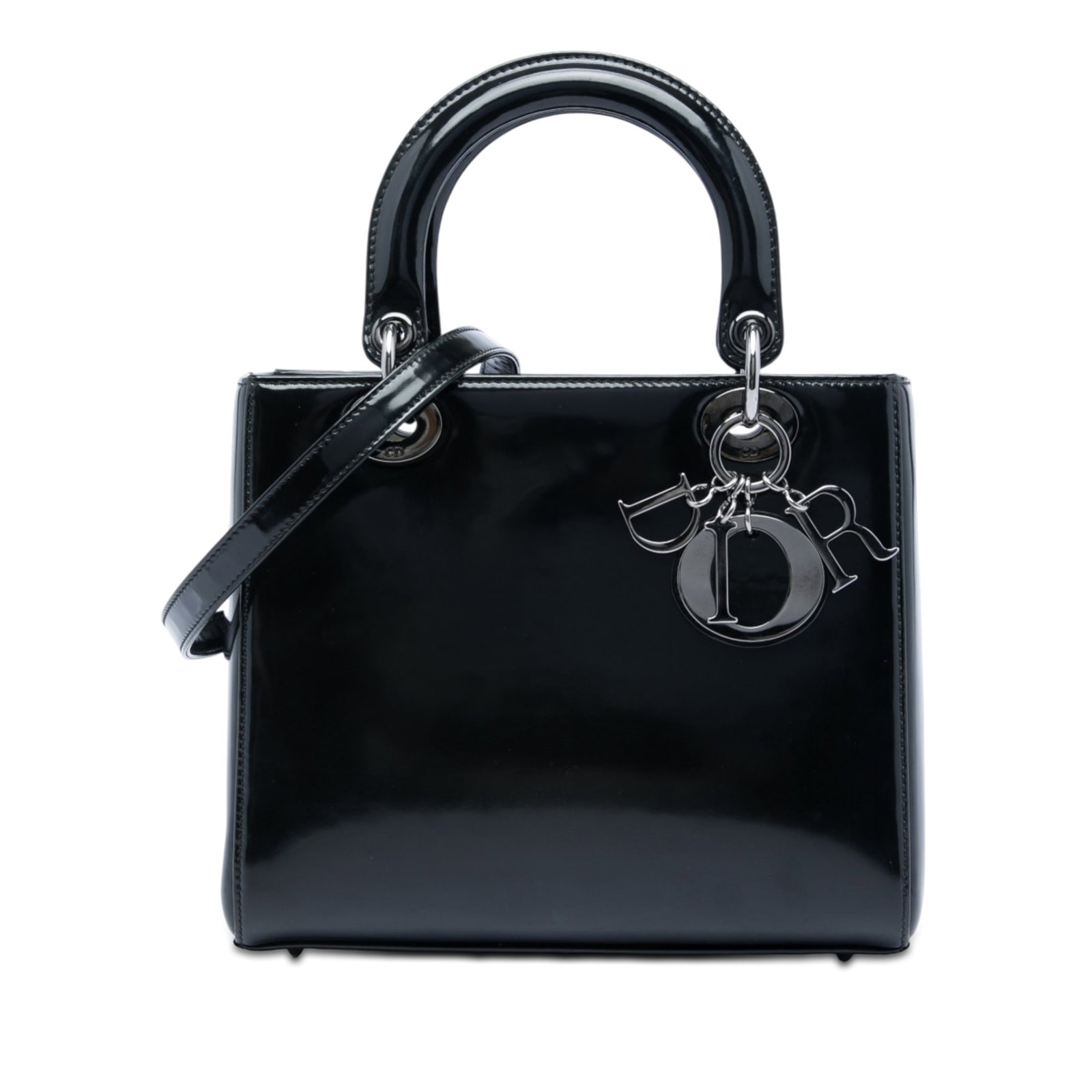 Dior Lady Dior Medium black patent leather handbag: Dior Lady Dior Medium black patent leather handbag Medium Lady Dior handbag in black patent leather with flat top handles, a detachable flat shoulder strap, top zip closure, and an interior zip pocket