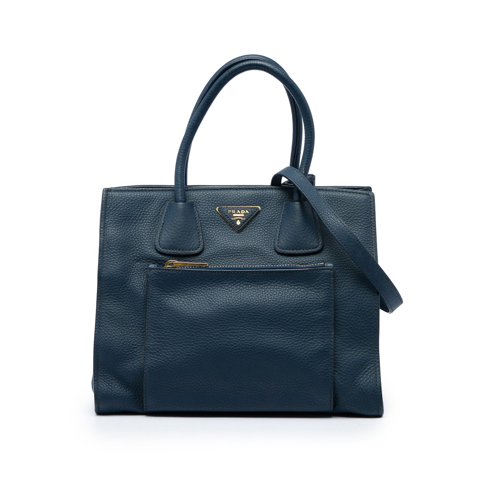 Prada Vitello Daino blue leather satchel with front zip pocket: Prada Vitello Daino blue leather satchel with front zip pocket A Prada Vitello Daino Front Pocket Open Convertible Tote in blue leather. This satchel-style bag features rolled leather handles, a detac