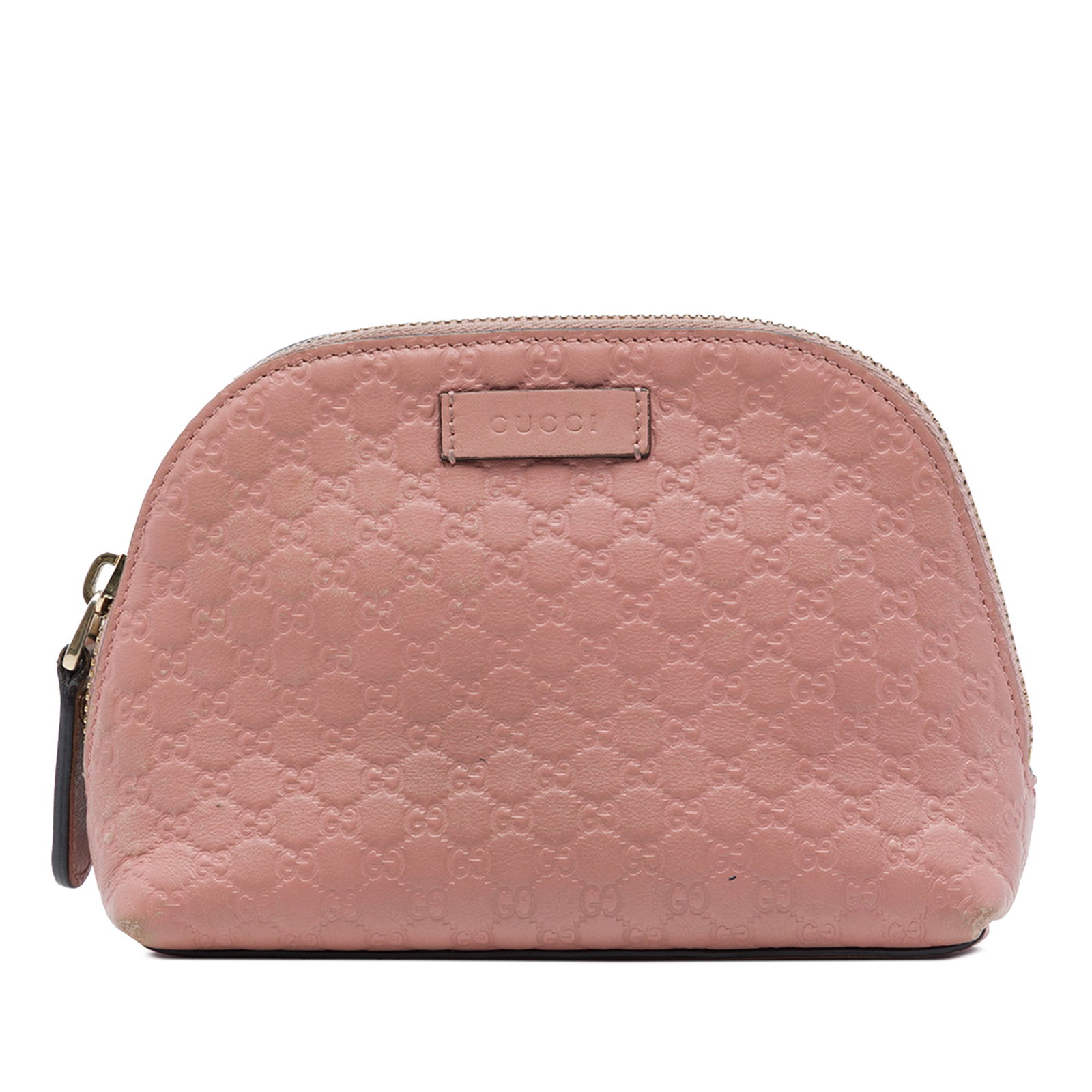 Gucci Microguccissima Leather Cosmetic Pouch Pink Italy: Gucci Microguccissima Leather Cosmetic Pouch Pink Italy A Gucci Microguccissima cosmetic pouch crafted in pink embossed leather with a zip-around closure. Made in Italy, this compact pouch offers a st
