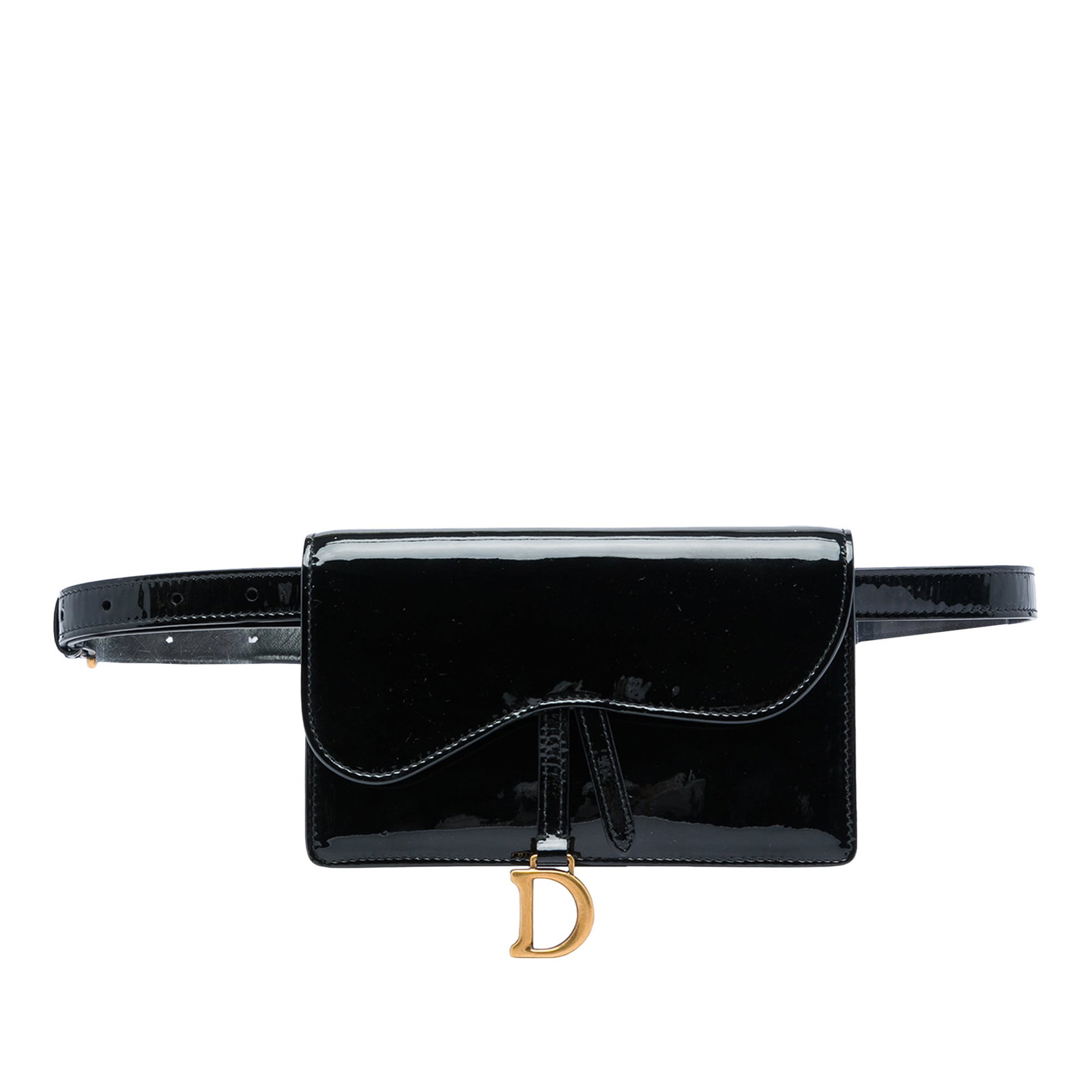 Dior Saddle Belt Bag in Black Patent Leather: Dior Saddle Belt Bag in Black Patent Leather A Dior Saddle belt bag crafted in black patent leather with the signature curved silhouette. It features an adjustable flat leather waist strap, a front fl