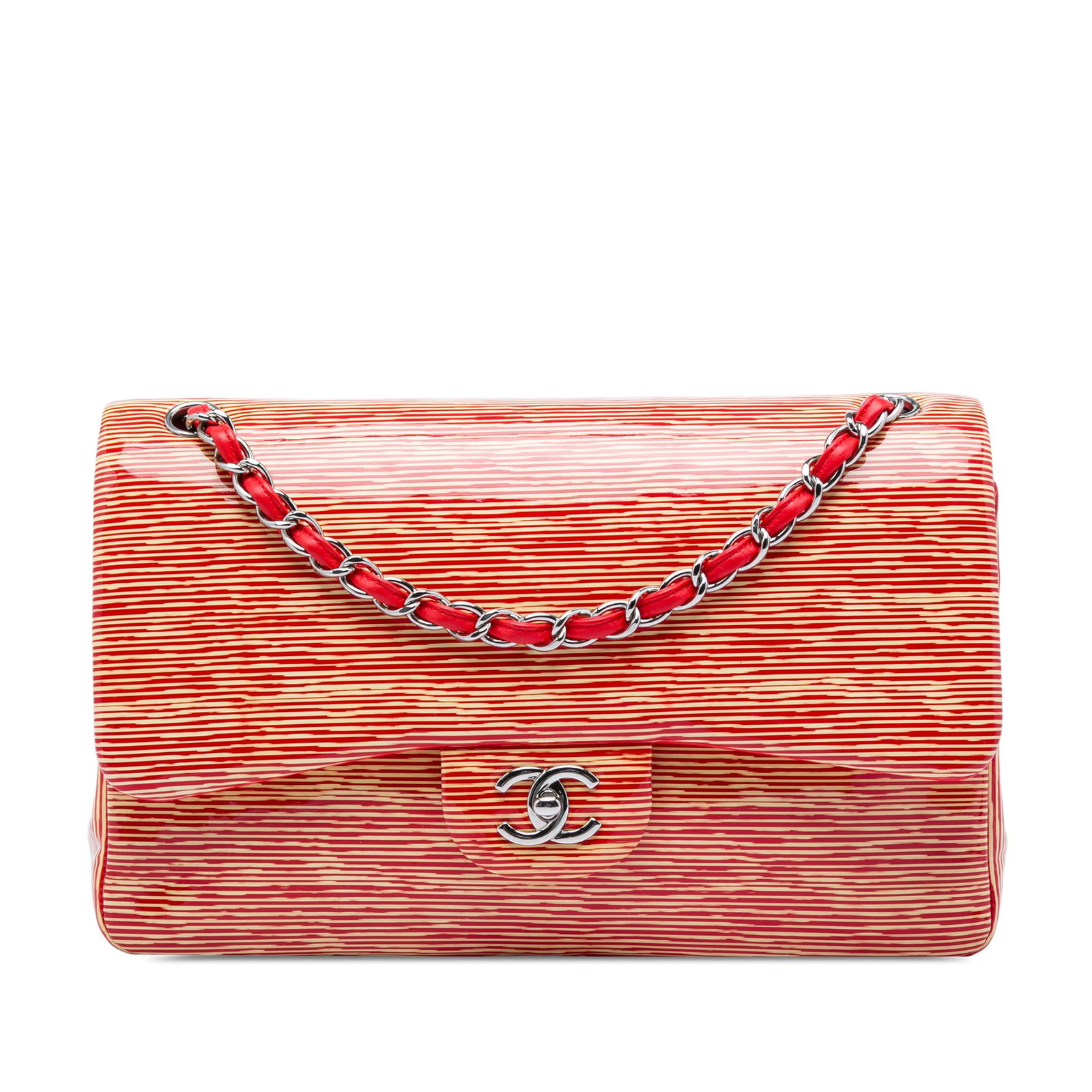 Chanel Jumbo Classic Double Flap Shoulder Bag in Red Patent Leather: Chanel Jumbo Classic Double Flap Shoulder Bag in Red Patent Leather Classic Chanel Jumbo shoulder bag crafted in red striped patent leather with leather-woven chain straps and the signature CC turn-lo