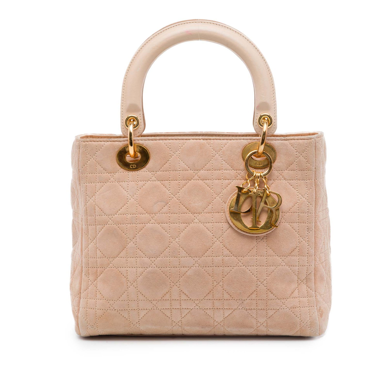 Dior Lady Dior Medium Cannage Suede Handbag Pink: Dior Lady Dior Medium Cannage Suede Handbag Pink A medium Lady Dior bag in pink suede leather with the signature Cannage quilted design. It features flat leather top handles, a top zip closure, and an