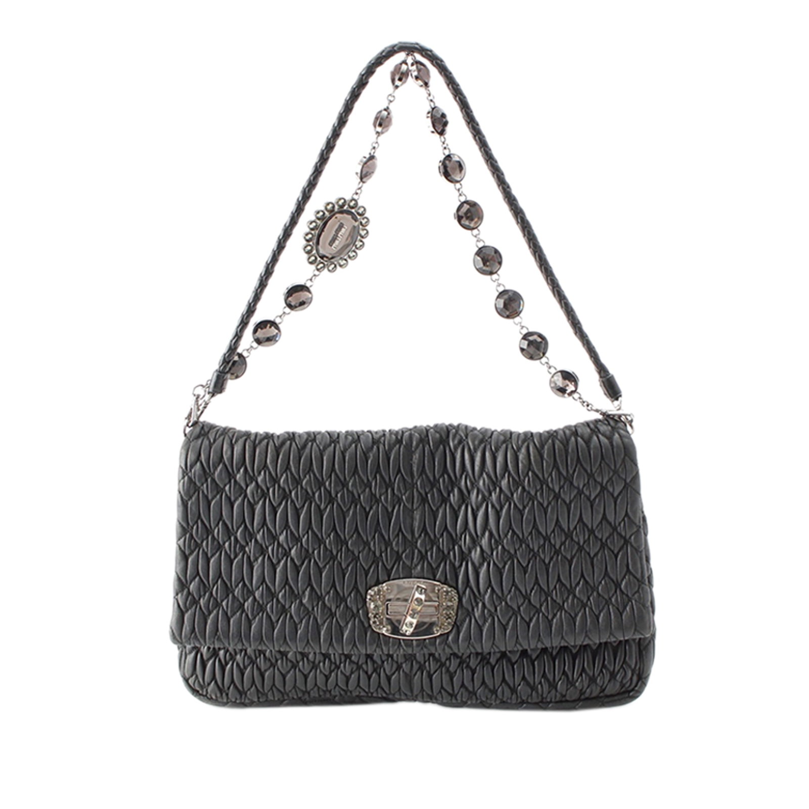 Black leather satchel Miu Miu Matelasse with crystal chain strap: Black leather satchel Miu Miu Matelasse with crystal chain strap A Miu Miu Matelasse Nappa Crystal Chain Satchel crafted in black nappa leather. This satchel features silver-tone hardware, a rolled br