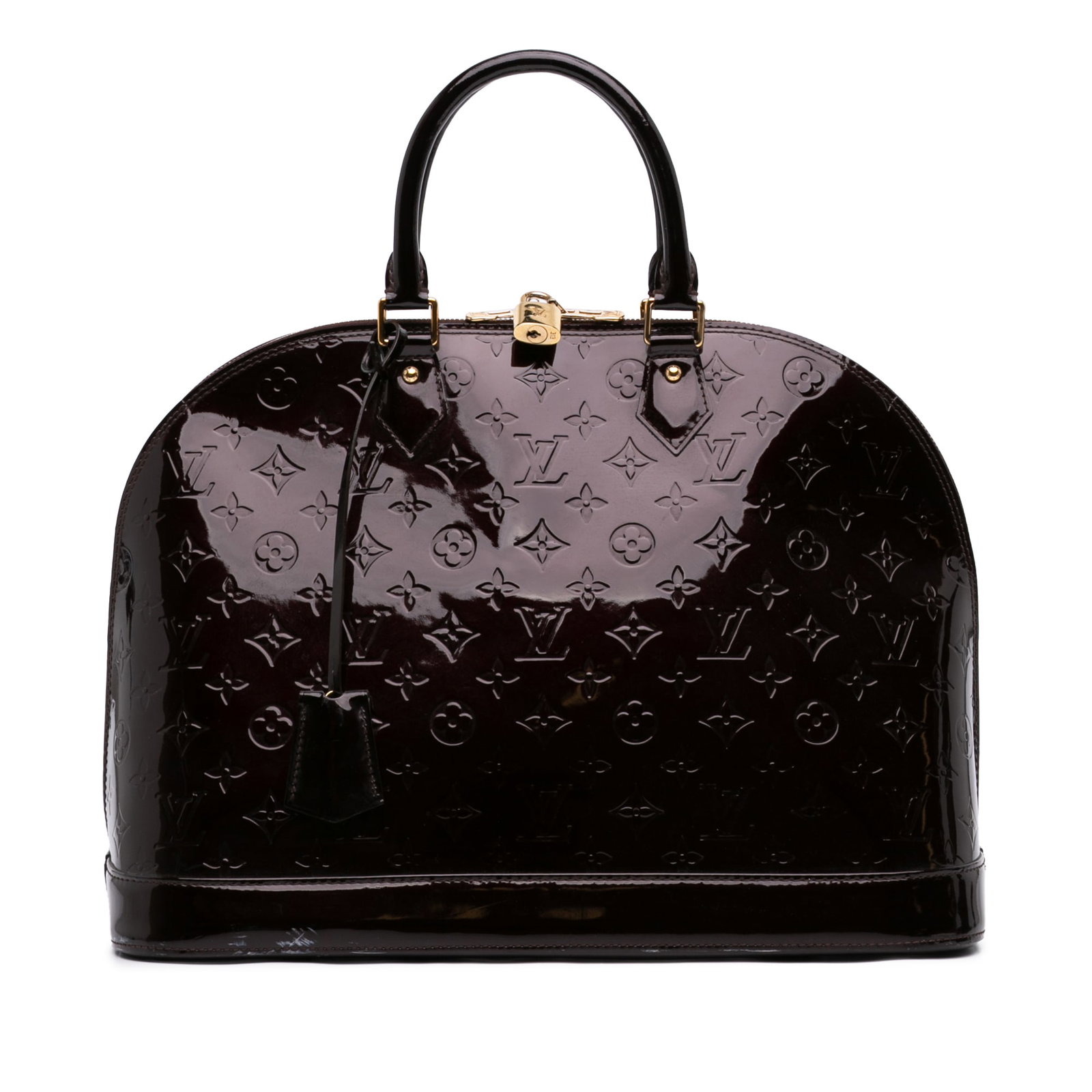 Louis Vuitton Alma GM Monogram Vernis Leather Handbag Purple: Louis Vuitton Alma GM Monogram Vernis Leather Handbag Purple Louis Vuitton Monogram Vernis Alma GM handbag in purple leather with rolled leather handles, a clochette, top zip closure, and interior sli